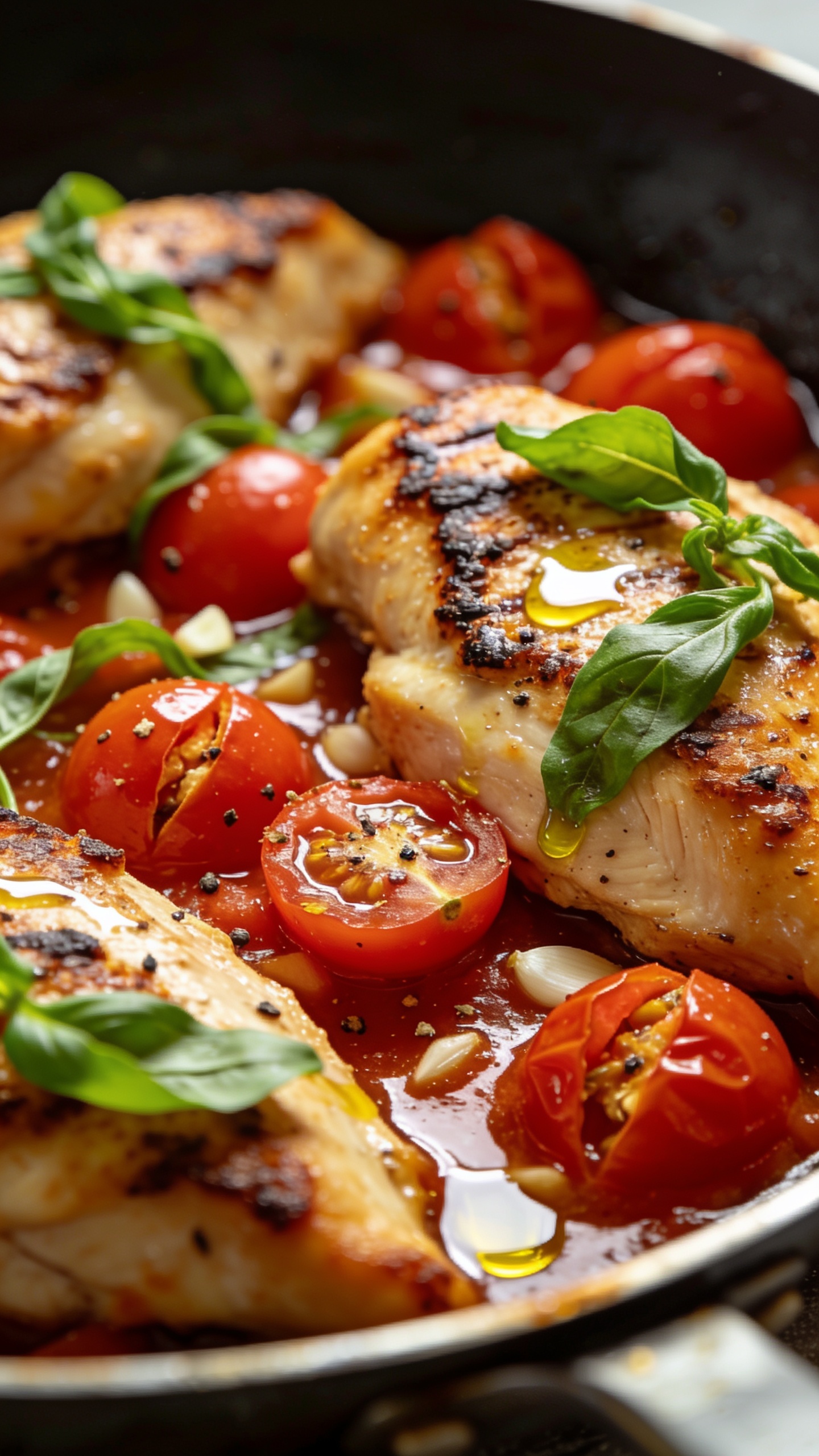 Extreme close-up angle from low and slightly side-on: the same Tomato Basil Chicken in the skillet, emphasis on textures—crispy seared edge on the chicken, glistening tomato juices pooling, softened cherry tomatoes with split skins, visible flecks of garlic and pepper, ribbons of freshly torn basil just added so they look bright and perky, a light drizzle of olive oil catching the light, shallow depth of field with foreground chicken in tack-sharp focus and background tomatoes softly blurred, bright natural lighting, rich color contrast, food filling 90–95% of frame, cohesive with the other images, no text, no hands.