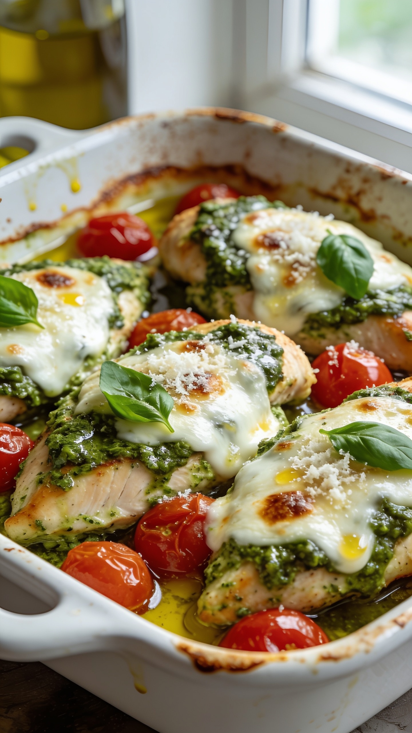 Ultra close-up hero shot of a freshly baked pesto chicken bake: thick, juicy boneless skinless chicken breasts smothered in glossy basil pesto, blanketed with melted fresh mozzarella thatâs pooled and lightly browned in spots, burst cherry tomatoes nestled around the chicken releasing juices, a light shower of grated Parmesan melted into the cheesy top, and a few torn basil leaves for freshness. Serve in a white enamel baking dish with olive oil sheen and toasted edges, minimal background blur with bright natural window light, shallow depth of field, 90â95% frame filled with food, vibrant greens, reds, and creamy whites, premium food-blog styling.
