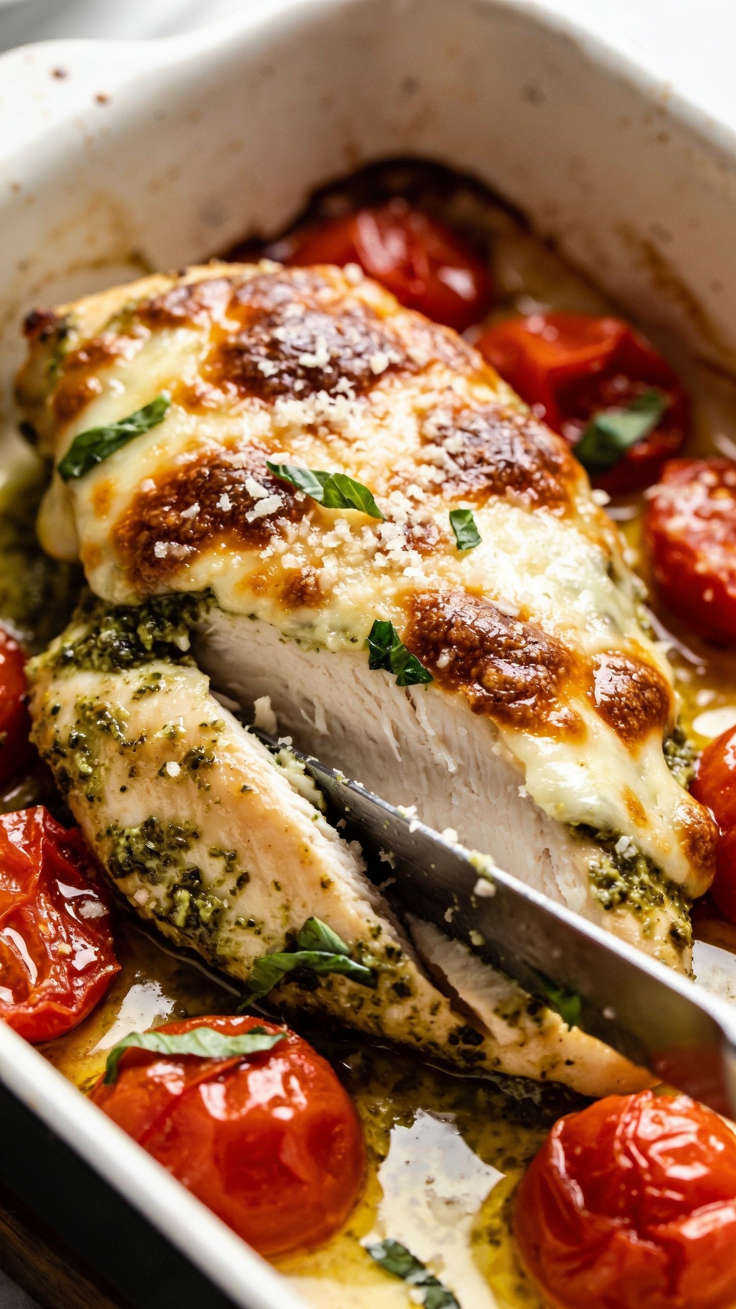 3. Macro angle from the side of a single chicken breast in the baking dish: knife-cut edge revealed to show moist white interior, pesto-slicked exterior with visible basil flecks, bubbly browned mozzarella hugging the top, roasted cherry tomatoes collapsed and glossy with released juices pooling at the bottom, light grating of Parmesan melting into the cheese, a few fresh basil shards scattered. Bright natural light, shallow depth of field, 90â95% frame filled with food, crisp edges, glossy sauces, cohesive with images 1 and