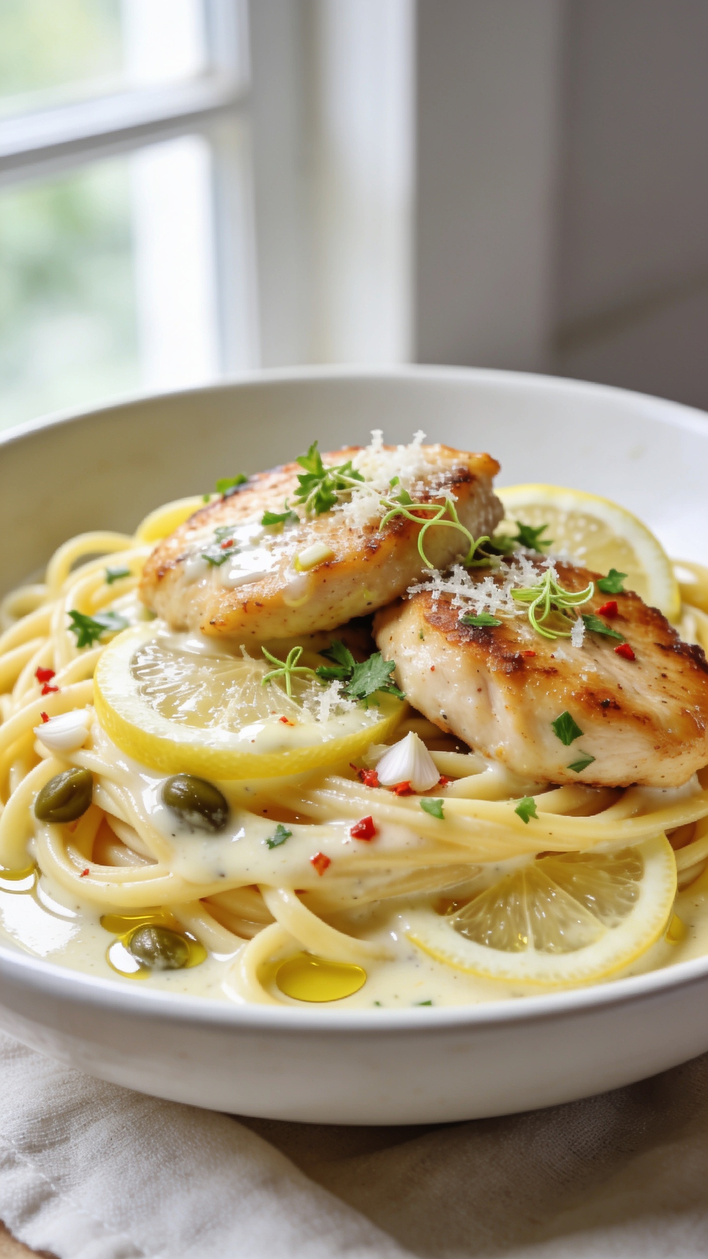 Ultra-close hero shot of Healthy Chicken Scampi: seared golden chicken medallions nestled over al dente linguine, all coated in a glossy garlic-lemon-white wine sauce with tiny shimmer of olive oil; thin lemon wheels and wedges tucked among strands; visible minced garlic, flecks of red pepper flakes, and a shower of fresh chopped parsley; a light dusting of micro-grated Parmesan melting into the sauce; a few capers peeking through for briny pop; bright natural window light from the left, shallow depth of field, creamy bokeh; set on a matte white shallow bowl over a pale linen, no hands or text, 90â95% frame filled by food, rich, fresh, and irresistibly saucy.