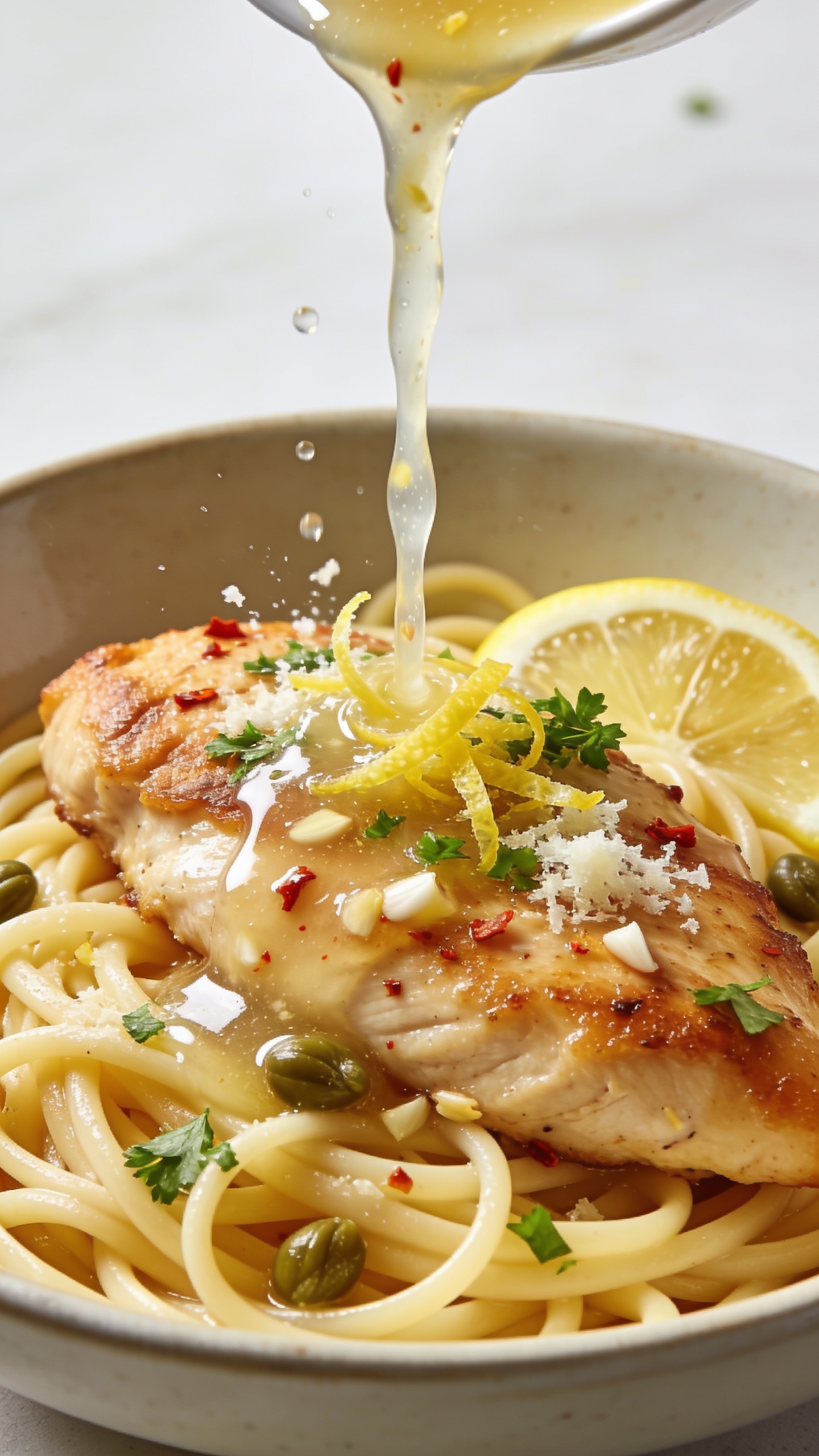 Sauce-forward close-up from a low 3/4 angle: linguine and seared chicken pooled in a shallow bowl as a thin ribbon of glossy garlic-lemon pan sauce is being poured over the chicken, frozen mid-stream; droplets catching highlights, red pepper flakes and garlic bits visible in the flow; lemon zest scattered on top, chopped parsley freshly sprinkled, Parmesan just beginning to melt on contact; a couple of lemon slices and capers in the saucy tangle; bright natural light, shallow depth of field, tack-sharp textures on chickenâs golden edges and glossy noodles, 90â95% food filling the frame, cohesive premium food-blog styling.