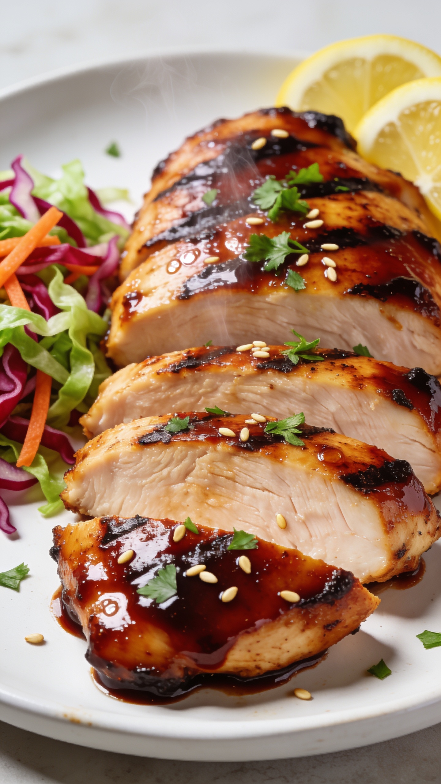 Extreme close-up hero shot of healthy BBQ chicken: perfectly grilled boneless skinless chicken breasts and thighs sliced into thick, juicy pieces, glistening with a deep mahogany, low-sugar BBQ glaze; light char marks, caramelized edges, visible moisture beads; sprinkled with freshly chopped parsley and a few toasted sesame seeds; plated on a matte white shallow platter with a small side of crisp rainbow slaw (thin-shaved red cabbage, carrot, green cabbage) and a few lemon wedges tucked to the edge; natural daylight from the left, bright and clean, shallow depth of field with the front slice in razor focus; rich, glossy sauce sheen, steam faintly rising; food filling 90â95% of frame, premium food-blog styling, no text or hands.