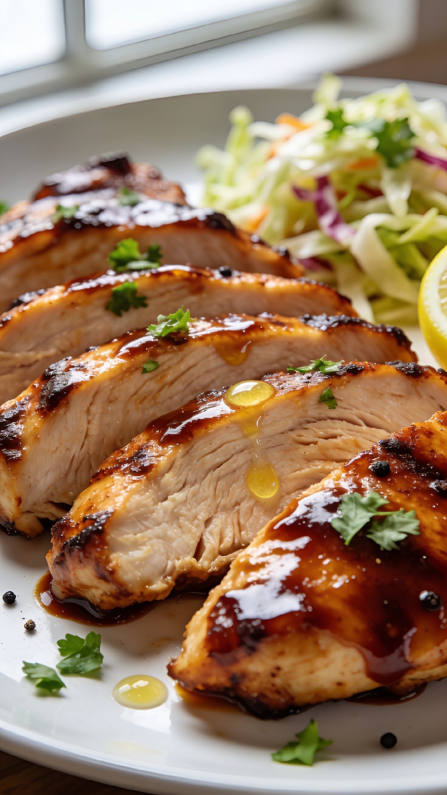 Ultra-close angled detail shot of the same finished healthy BBQ chicken: overlapping slices fanned on a white plate, glaze brushed on thick with lacquered highlights, sticky pooling at the edges; crisp caramelized ridges, juicy interior fibers visible on the cut face; a squeeze of lemon just finished (tiny citrus droplets on the glaze), scattered fresh parsley, a few grains of black pepper; slaw softly blurred in the background for color contrast; bright natural window light, shallow depth of field, textures and sauce gloss emphasized; food filling 90â95% of frame, cohesive with previous images, no text or hands.
