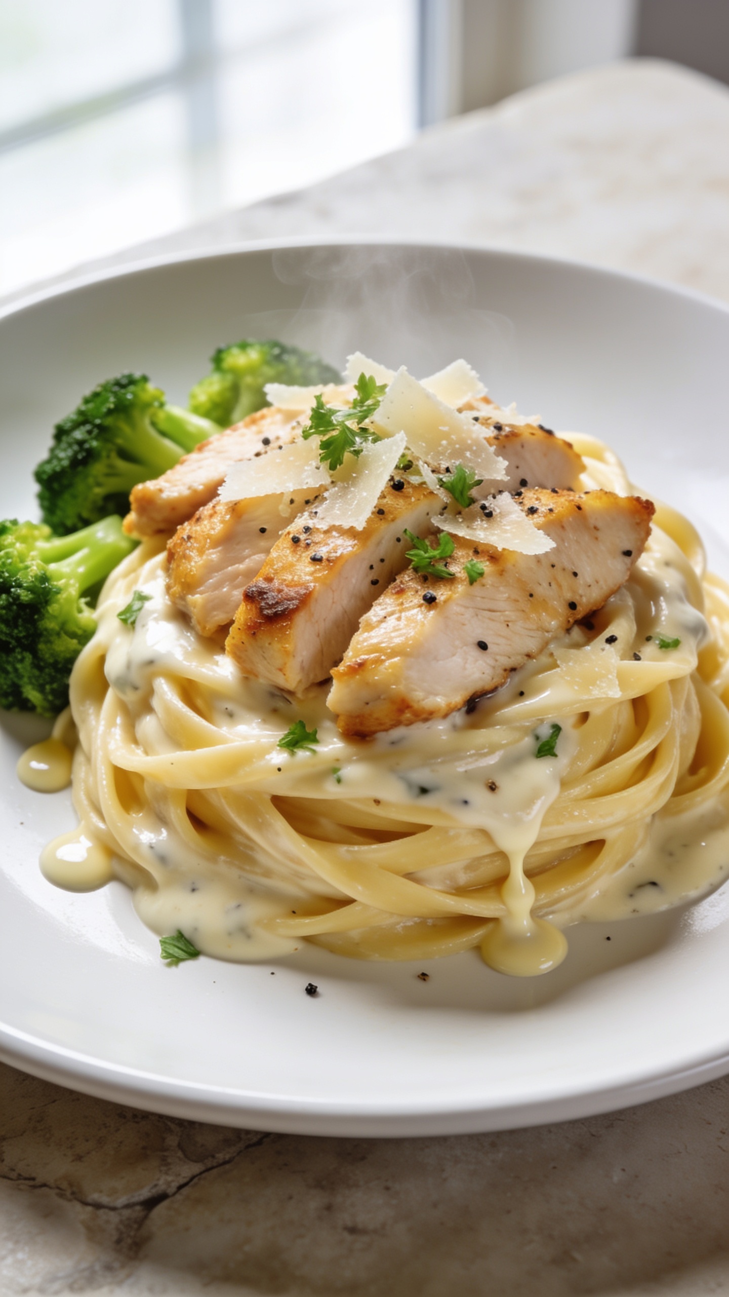 Extreme close-up hero shot of Healthy Chicken Alfredo: glossy fettuccine swirled into a neat nest, coated in velvety, lightened Alfredo sauce made with Greek yogurt and a touch of light cream cheese; topped with juicy golden-seared chicken breast slices, thinly shaved Parmesan, and a sprinkle of finely chopped fresh parsley and cracked black pepper. A few bright green steamed broccoli florets tucked alongside for color, tiny rivulets of sauce clinging to pasta. Shot in bright natural window light, shallow depth of field, on a matte white plate over a light stone surface; food fills 90–95% of the frame, creamy sheen and steam faintly visible, premium food-blog styling with soft shadows and no text.