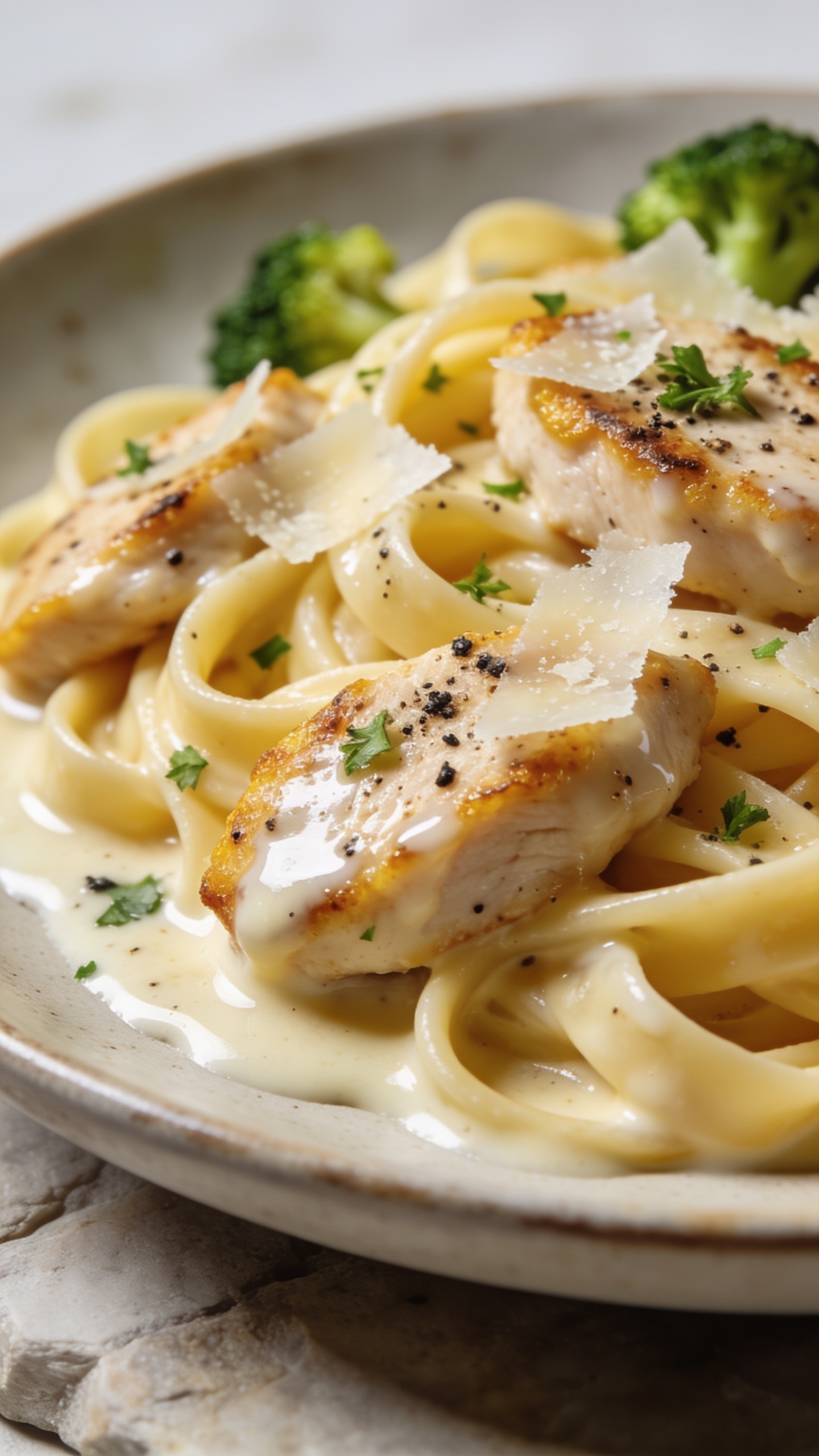 Macro close-up from a low angle focusing on texture: fettuccine strands glazed in silky light Alfredo sauce pooling slightly in the curves, seared chicken medallions with golden edges nestled throughout, ultra-thin Parmesan shavings melting at contact points, freshly cracked black pepper speckles and finely chopped parsley scattered on top. A few broccoli florets peeking in the bokeh for color continuity, bright natural side light creating appetizing gloss, shallow depth of field isolating the saucy pasta layers; food dominates 90–95% of the frame on a neutral ceramic plate over light stone for a cohesive, premium shoot look.