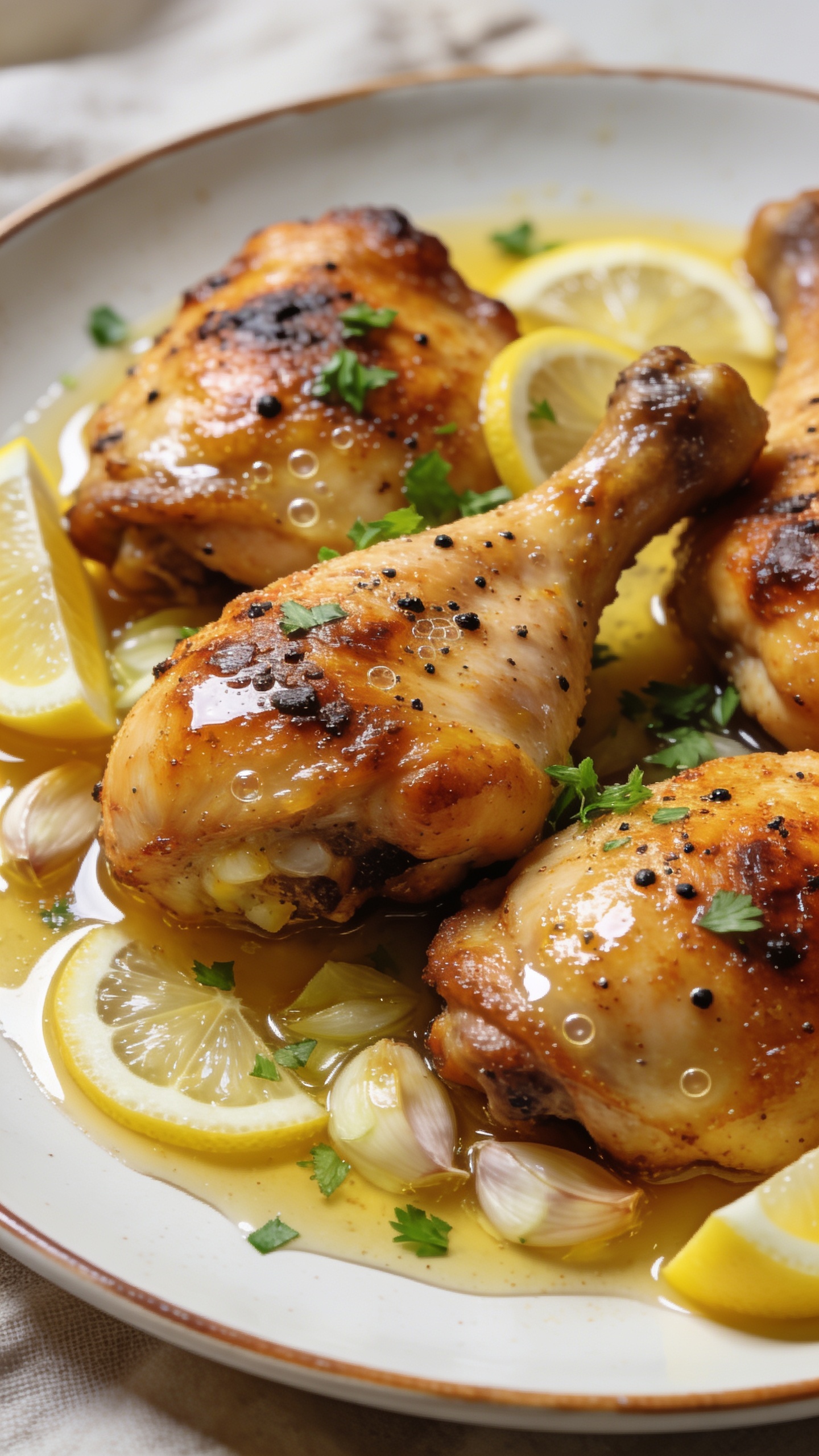 Ultra-close-up hero shot of lemon pepper chicken thighs and drumsticks just out of the oven: deeply golden, ultra-crispy skin with visible cracked black pepper, micro-bubbles of rendered fat, and a glossy lemon-garlic butter pan sauce pooling around the pieces. Thin lemon slices and a few smashed garlic cloves are nestled in the sauce, with fresh parsley finely chopped and scattered. Plate the chicken on a warm white ceramic rimmed plate with a shallow puddle of sauce, a few lemon wedges tucked at the edge. Bright natural side light, shallow depth of field, background softly blurred neutral linen. Food fills 90–95% of the frame; focus on glistening skin, pepper specks, and citrusy sheen.
