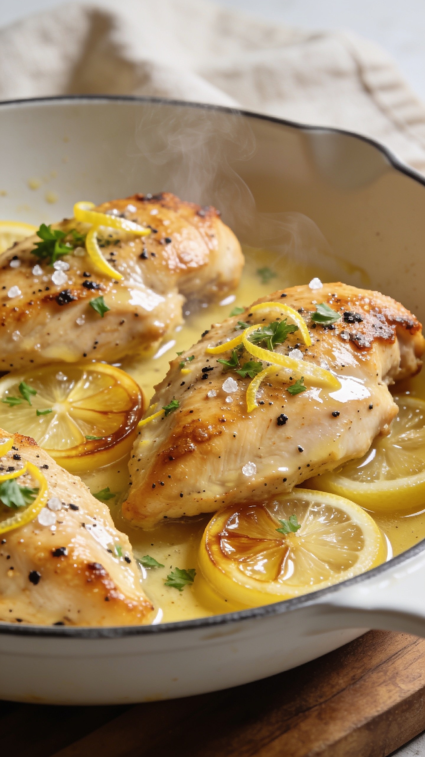 Macro close-up from a low three-quarter angle of the same finished lemon pepper chicken arranged in a shallow white skillet: crackly, golden skin blistered in spots, coarse black pepper and lemon zest visible, tiny crystals of sea salt catching the light. A spooned-on gloss of lemon-butter pan sauce clings to the contours, with thin caramelized lemon rounds tucked between pieces and finely chopped parsley sprinkled over. Steam faintly rising, bokeh background of neutral linen and wood. Bright natural light, shallow depth of field; food fills 90–95% of the frame emphasizing crispy edges, juicy texture, and glossy sauce.