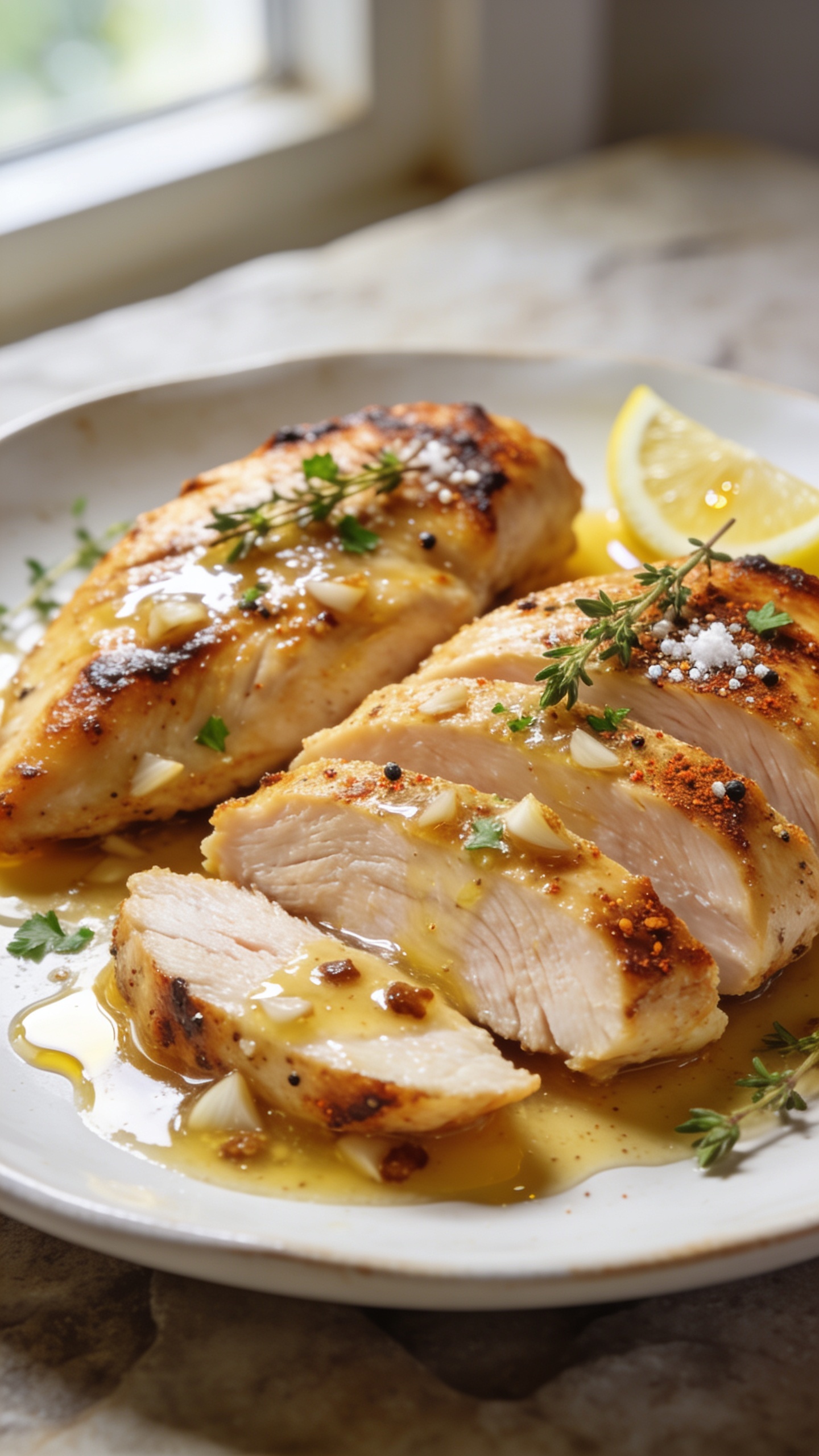 Ultra-close hero shot of High Protein Garlic Butter Chicken Breast: two golden-seared boneless chicken breasts sliced at a slight angle and fanned on a warm white ceramic plate, bathed in glossy garlic butter with visible minced garlic and tiny browned bits; edges crisp and deeply caramelized with paprika, coarse salt and cracked pepper speckling the surface, a few sprigs of fresh thyme and a light shower of finely chopped parsley; thin lemon wedges tucked at the side with a faint sheen of juice; tiny butter baste puddles collecting around the chicken, reflecting bright natural window light; shallow depth of field with the front slices in tack-sharp focus showing ultra-juicy fibers and glistening juices, soft bokeh background; 90–95% of frame filled with the chicken and sauce, premium food-blog styling on a neutral stone surface.