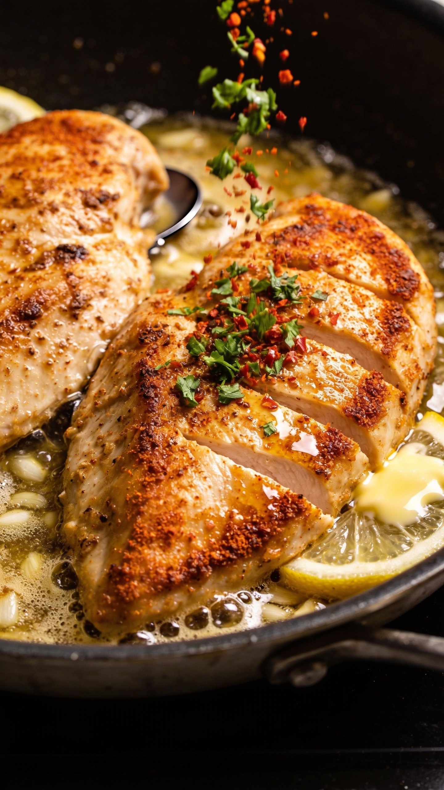Tight overhead-angled close-up of the same finished dish in the skillet it was cooked in: two seared chicken breasts nestled in bubbling garlic butter, with spoon trails visible in the sauce; crisp-edged, paprika-rubbed crust glows golden-brown; a small cascade of fresh chopped parsley and red pepper flakes is mid-fall onto the chicken, frozen in time; thin lemon slices tucked along the edge lightly glazed with butter; bright natural lighting, shallow depth of field focusing on the center breast where the herbs are landing; rich textures—browned bits, glossy butter pools, and juicy sliced edge—filling 90–95% of the frame, cohesive with the hero image styling.