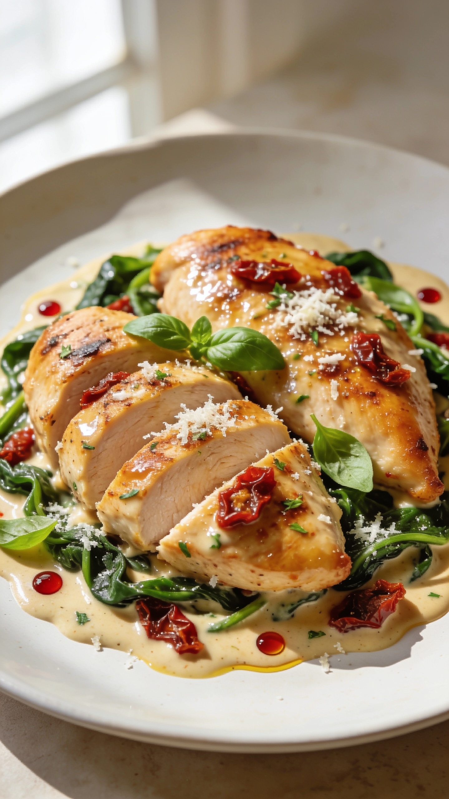 Ultra-close hero shot of High Protein Creamy Tuscan Chicken Breast: two golden-brown, juicy seared chicken breasts sliced on a slight bias and nestled in a glossy garlicky sundried tomato cream sauce, ribbons of wilted fresh spinach and flecks of Italian herbs throughout; sauce clings to the chicken with visible sheen and tiny red oil beads from sundried tomatoes; sprinkled with finely grated Parmesan and a few fresh basil leaves; plated on a matte white shallow plate with a light smear of sauce; bright natural window light from the left, soft shadows, shallow depth of field, creamy bokeh; food fills 90â95% of frame; premium food-blog styling, warm neutral background, no text.