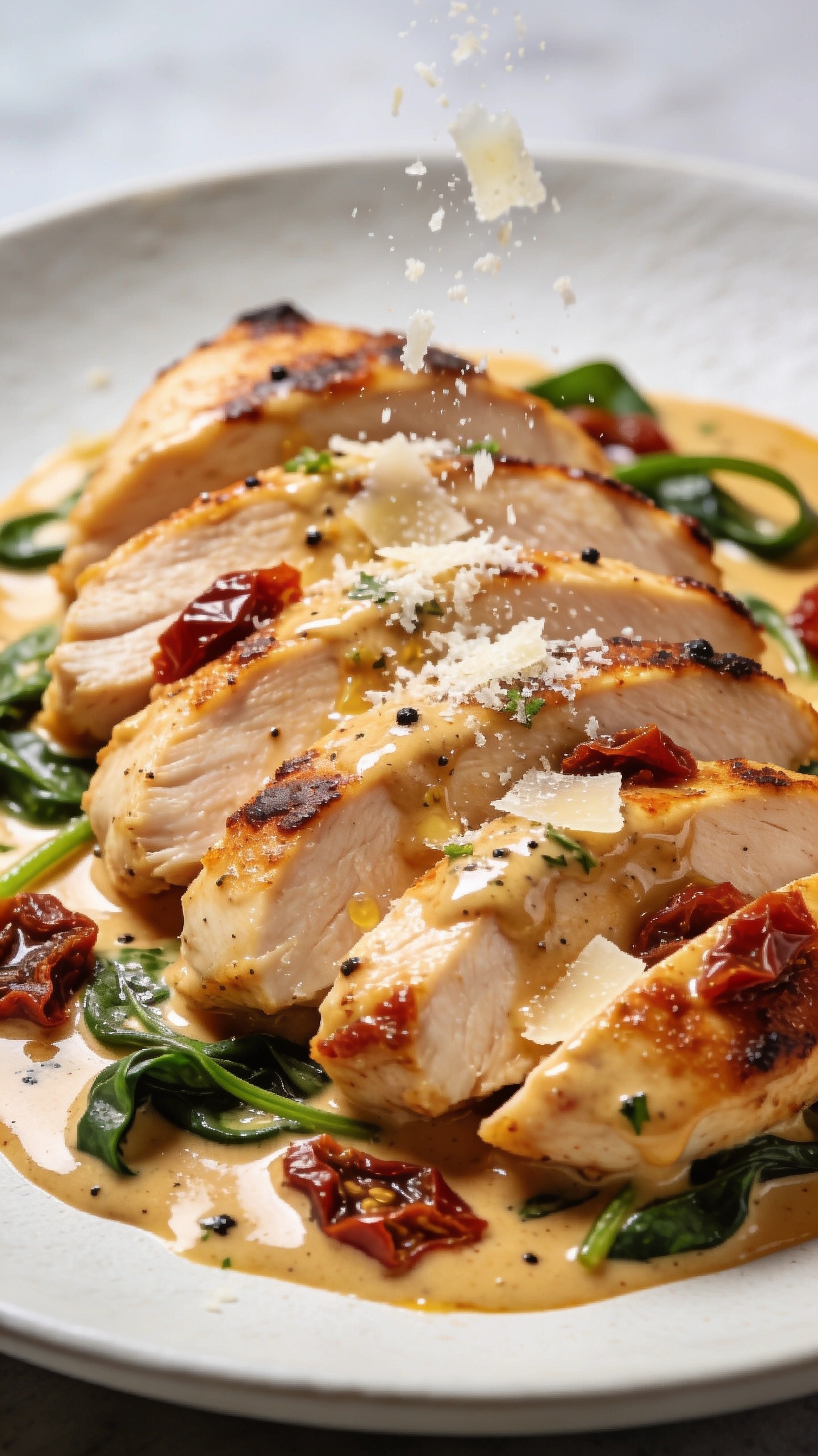 Macro close-up from a low 3/4 angle of the same finished dish emphasizing textures: focus on the crispy sear edges of the chicken breast sliced and fanned, each slice lacquered with the garlicky sundried tomato cream; visible sundried tomato pieces, spinach ribbons, and specks of black pepper and herbs; a light shower of freshly grated Parmesan captured mid-fall over the chicken, some shavings melting into the hot sauce; bright natural lighting, shallow depth of field with silky background blur; food filling 90â95% of the frame on the same matte white plate; rich, vibrant colors and glossy sauce, cohesive with the other shots.