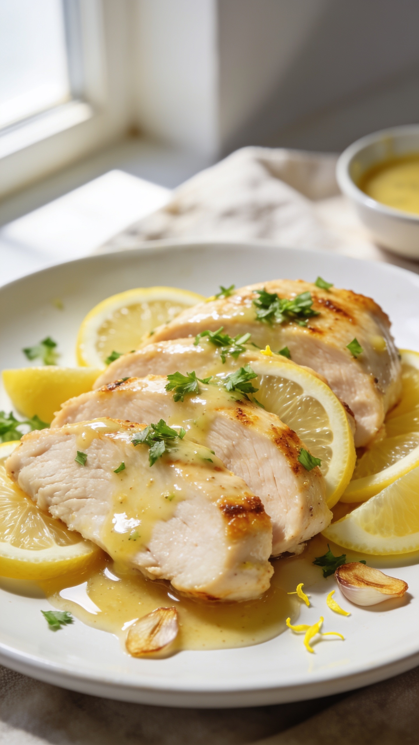 Extreme close-up hero shot of sliced lemon garlic chicken breast arranged slightly overlapping on a shallow white ceramic plate, glossy with a light lemon-garlic butter glaze; visible juicy texture and seared golden edges on each slice; thin lemon wheels and wedges tucked around the chicken; finely chopped fresh parsley sprinkled over the top; a small puddle of shimmering pan juices pooling at the base; a few toasted garlic slices and micro-zest of lemon scattered for brightness; background softly blurred with hints of a linen napkin and a small bowl of extra sauce; bright natural window light from the left, subtle shadows on the right, shallow depth of field, premium food-blog styling, food filling 90â95% of the frame.