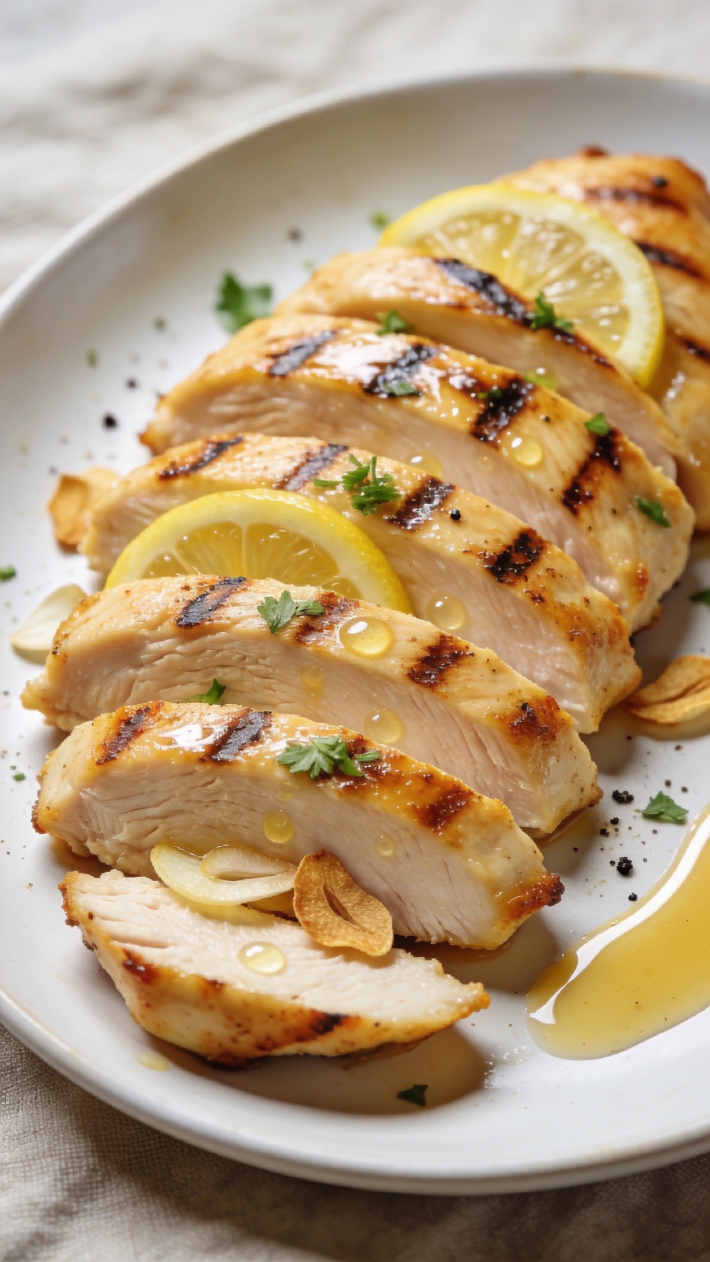 Macro angle from slightly overhead and to the side of the same finished lemon garlic chicken breast, fanned slices across the plate with pronounced grill-pan sear marks, glaze catching the light; close-up detail of crispy golden edges and juicy fibers; a fresh squeeze look with tiny lemon juice beads visible on the surface; thin lemon slices and a few toasted garlic chips nestled between slices; finely chopped parsley and a touch of black pepper scattered; a small pool of glossy sauce gathered along one edge of the plate; bright natural daylight, soft background blur with a neutral linen, shallow depth of field, food filling 90â95% of the frame.