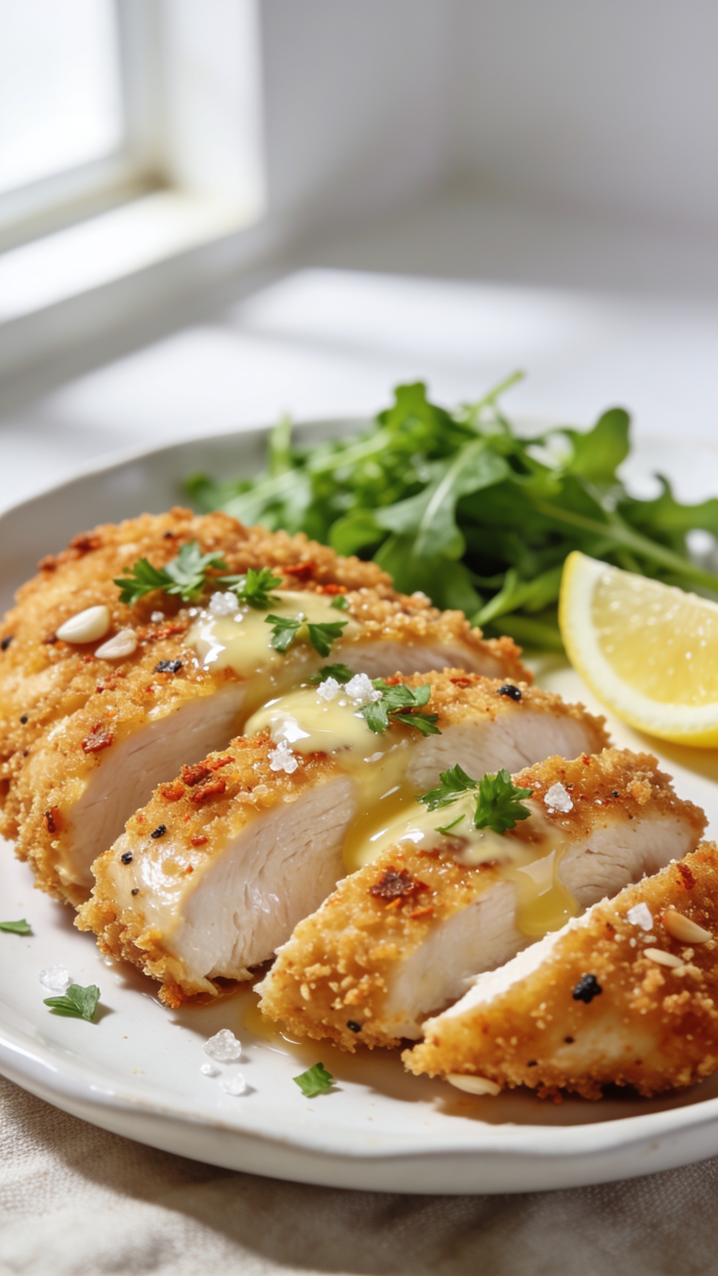 Ultra-close-up hero shot of high protein crispy air fryer chicken breast sliced on a white ceramic plate, golden-brown ultra-crispy panko-crusted exterior with visible paprika, garlic, and black pepper flecks, interior showing perfectly juicy, tender white meat glistening with natural juices, light brush of glossy garlic butter on top, sprinkled with fresh chopped parsley and a few coarse sea salt crystals; plated with a small wedge of lemon and a simple side of bright green arugula salad pushed to the background blur; bright natural window light from the left, soft shadows, shallow depth of field, food filling 90–95% of frame, premium food-blog styling on a light neutral linen and matte white background.