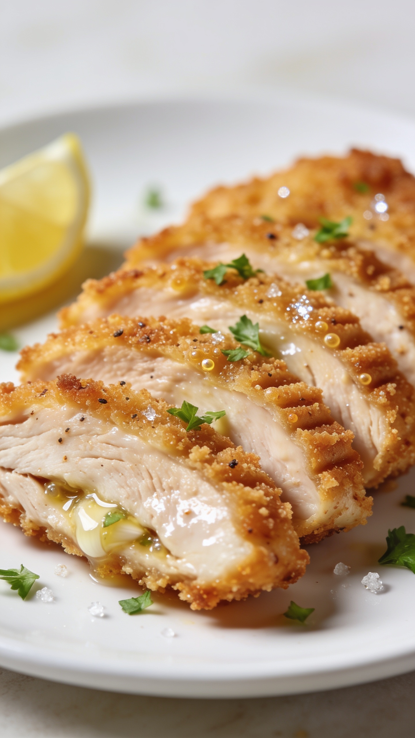 Extreme macro angled close-up of the same finished chicken breast focusing on texture: overlapping slices fanned slightly, ultra-crispy panko crust with deep golden ridges and tiny bubbles, seasoning specks visible, interior meat glossy and succulent; micro-beads of garlic butter pooled in crevices, fresh chopped parsley scattered, a few coarse salt flakes sparkling; subtle lemon wedge blur in background; bright natural lighting, shallow depth of field isolating the front slice, food filling 90–95% of frame, clean white plate and light neutral surface for a cohesive premium shoot.