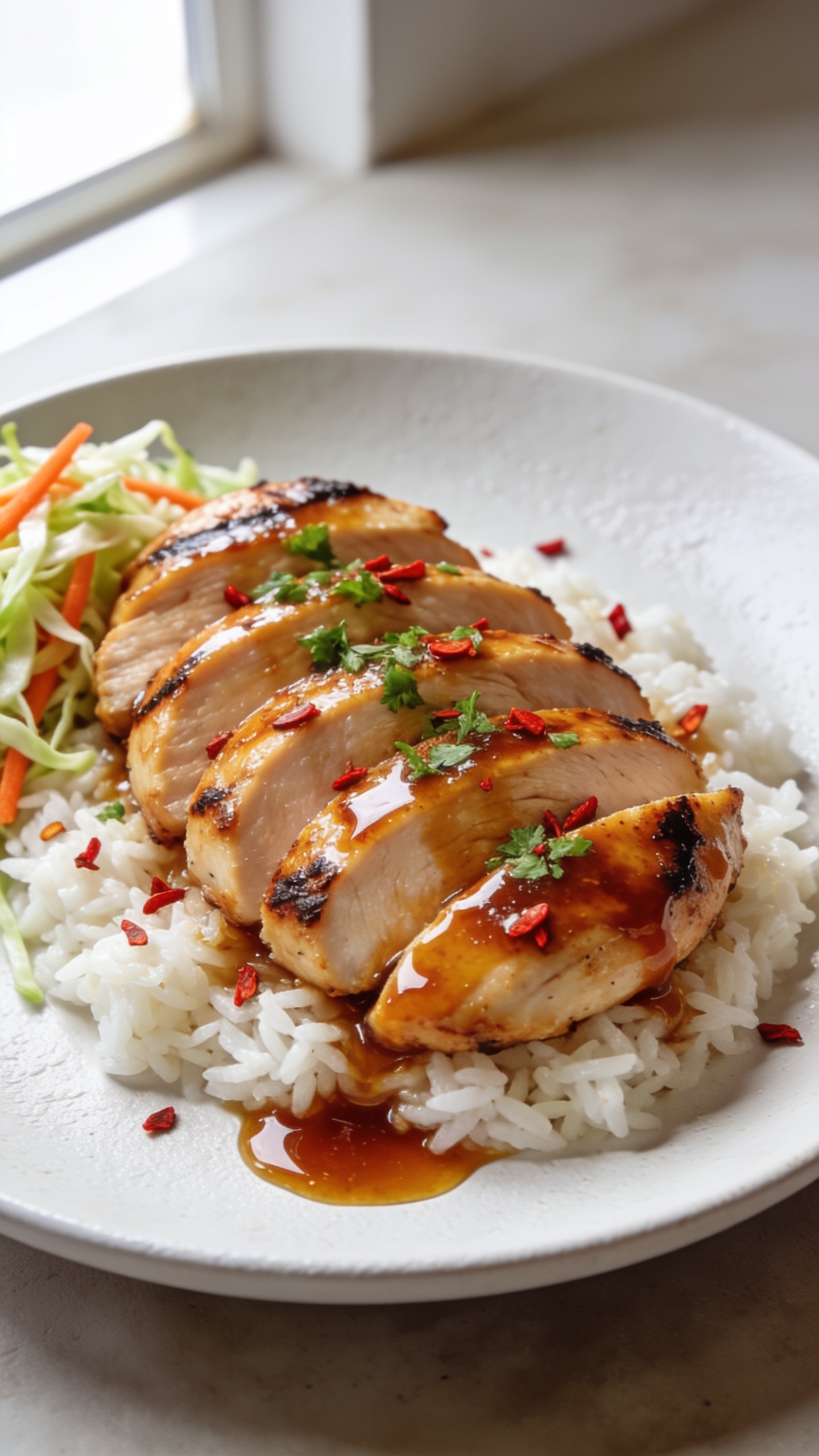 Ultra close-up hero shot of hot honey glazed chicken breast sliced into thick medallions, fanned on a matte white plate over a bed of fluffy white rice, glossy sticky hot honey sauce clinging to the juicy, perfectly seared chicken with light charred edges; scattered red chili flakes and finely chopped fresh parsley for contrast; a small drizzle of extra hot honey pooling slightly around the slices; side of quick tangy slaw (thinly shaved cabbage and carrots) tucked into the corner for color; bright natural window light from the left, shallow depth of field, soft neutral background, premium food-blog styling, 90–95% of frame filled with the plated chicken, sauce sheen highlighted.