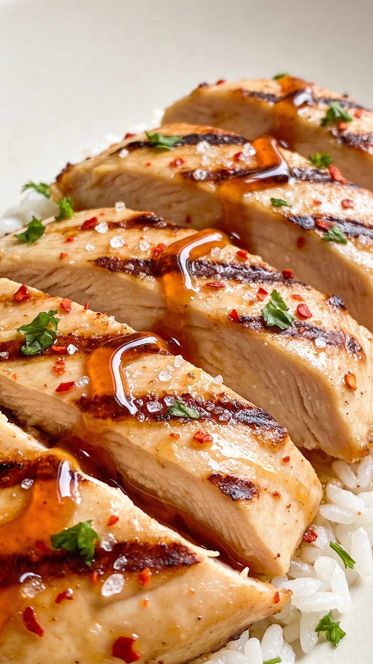 Extreme macro angle from slightly above and to the side, focusing on the juicy texture where the chicken breast is sliced: caramelized sear marks, lacquered hot honey glaze pooling in the slice seams, fine red chili flakes speckled across the surface, tiny sea salt crystals shimmering; a light drizzle trail of hot honey zigzagging across the top slice; fresh parsley finely chopped for a pop of green; white rice grains peeking out along the edges; bright natural light, shallow depth of field isolating the front slice, clean neutral backdrop, 90–95% of frame filled with the finished dish, cohesive with the first two images.