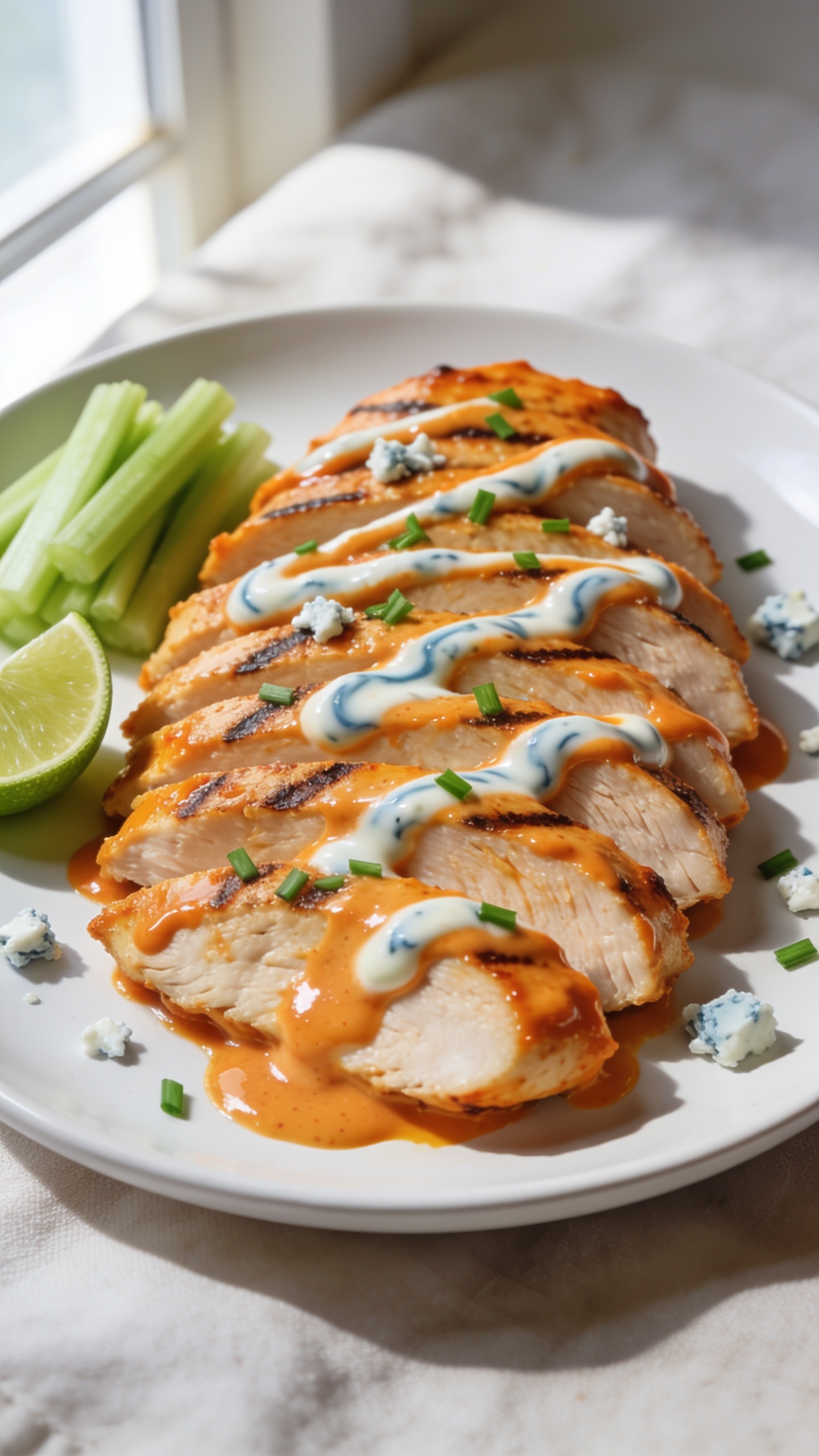 Extreme close-up hero shot of sliced Buffalo Ranch Chicken Breast fanned on a matte white plate, each slice ultra-juicy with clear grill-sear marks, coated in a glossy orange buffalo-ranch Greek yogurt sauce that clings and pools lightly at the base. Drizzle of extra sauce zig-zagged over the top, with a cool ranch swirl marbled through the buffalo for contrast. Finely chopped fresh chives and a few crumbles of light blue cheese sprinkled sparingly, plus a wedge of lime and a small pile of crisp celery sticks tucked to the side for color. Bright natural window light from the left, soft shadows, shallow depth of field, food filling 90â95% of frame, background a blurred light linen. Premium food-blog styling, vibrant orange sauce against clean whites and greens, moist chicken texture emphasized.