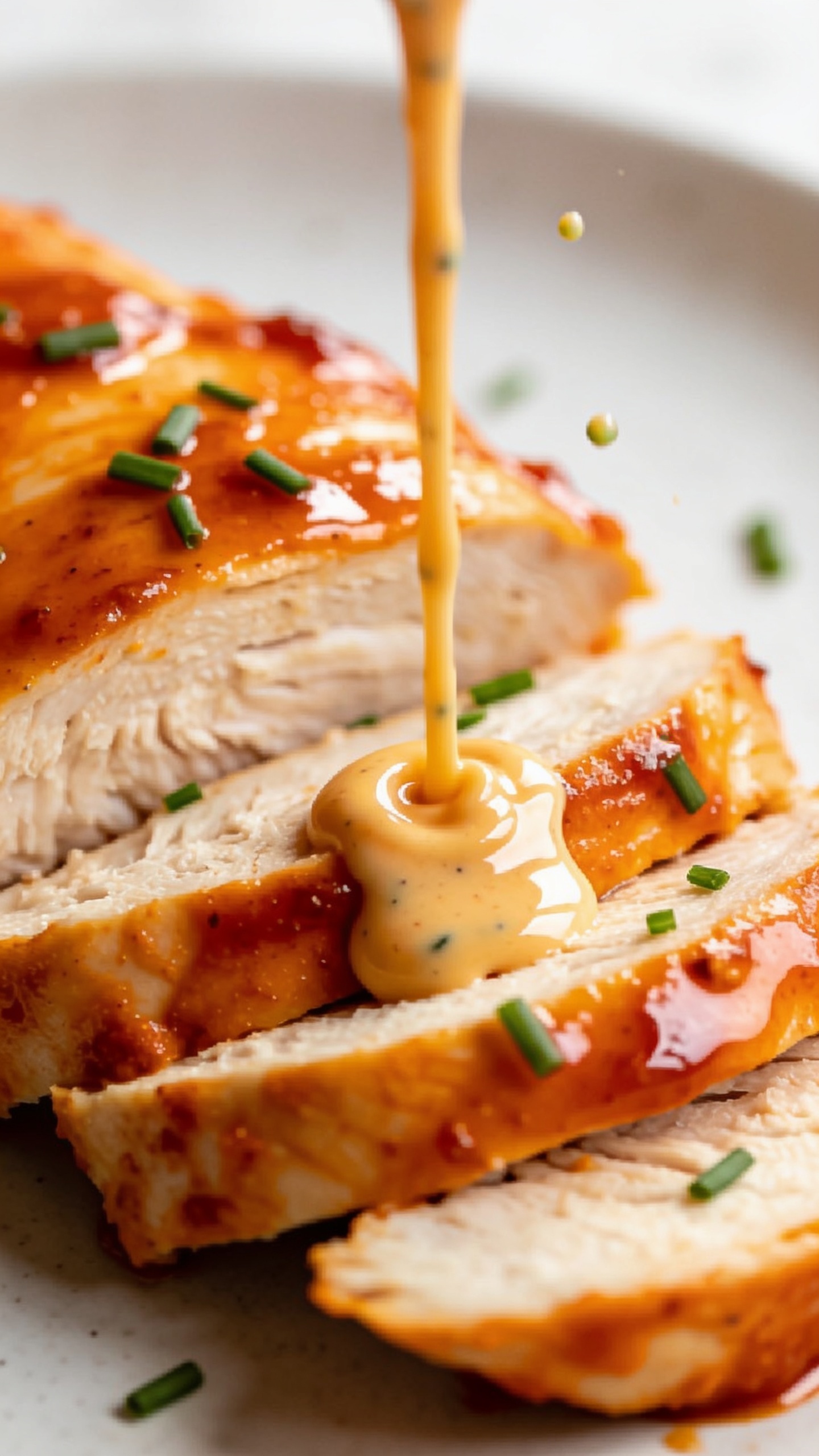 Macro angle from slightly above and to the side: tight crop of the same plated Buffalo Ranch Chicken Breast, focusing on the glistening sauce lacquer over the cut surfaces and the juicy interior fibers. A thin stream of extra buffalo-ranch sauce being poured from out of frame onto the center slices, creating a luscious, reflective sheen and tiny sauce ripples. Sparse chive sprinkle mid-fall, a few grains caught in the air. Soft, bright daylight, shallow depth of field, crisp textures, vibrant orange and green pop, food occupying 90â95% of frame, consistent styling with the hero image.