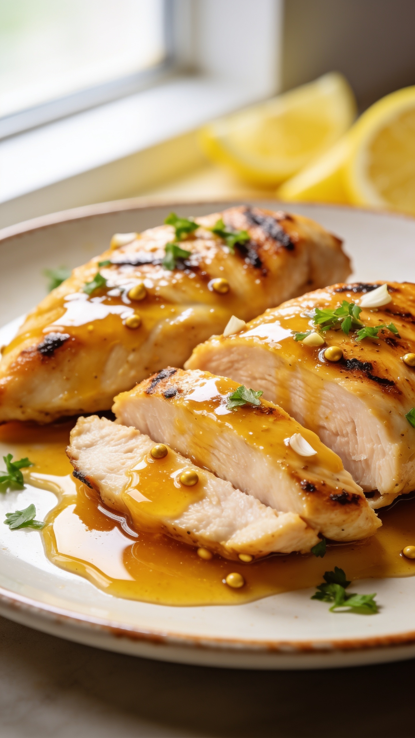 Ultra-close hero shot of high-protein honey mustard chicken breast: two perfectly seared, juicy chicken breasts sliced on a slight bias to reveal moist interior, generously glazed in a glossy golden honey-mustard sauce with visible brushed sheen and tiny garlic flecks; light charred edges, a few whole-grain mustard seeds dotting the glaze; thin drizzle of extra sauce pooling around the slices; sprinkled with finely chopped fresh parsley; served on a warm white ceramic plate with a subtle rim; a few lemon wedges softly out of focus in the background; bright natural window light from the left, shallow depth of field, creamy bokeh; food fills 90–95% of frame; colors vibrant, textures crisp and glossy, premium food-blog styling.