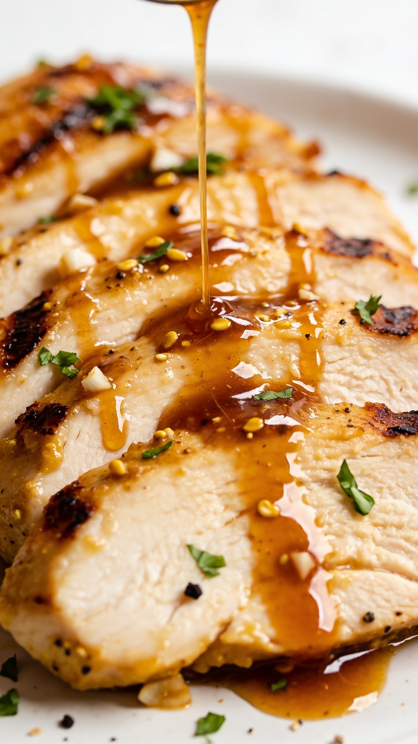 Extreme close-up from a low angle focusing on texture: overlapping slices of the same honey mustard chicken breast fanned tightly, edges lightly charred and caramelized, interiors moist and tender; thick, shiny honey-mustard glaze brushed over the top with visible streaks, tiny mustard seeds, and minced garlic; a final glossy spoon-drizzle line of sauce along the edge creating a reflective sheen; micro-chopped parsley scattered sparingly; a few coarse black pepper flakes add contrast; white ceramic plate barely visible at the margins; bright natural lighting, shallow depth of field with foreground slice in razor focus; food fills 90–95% of frame, rich color and irresistible juiciness.
