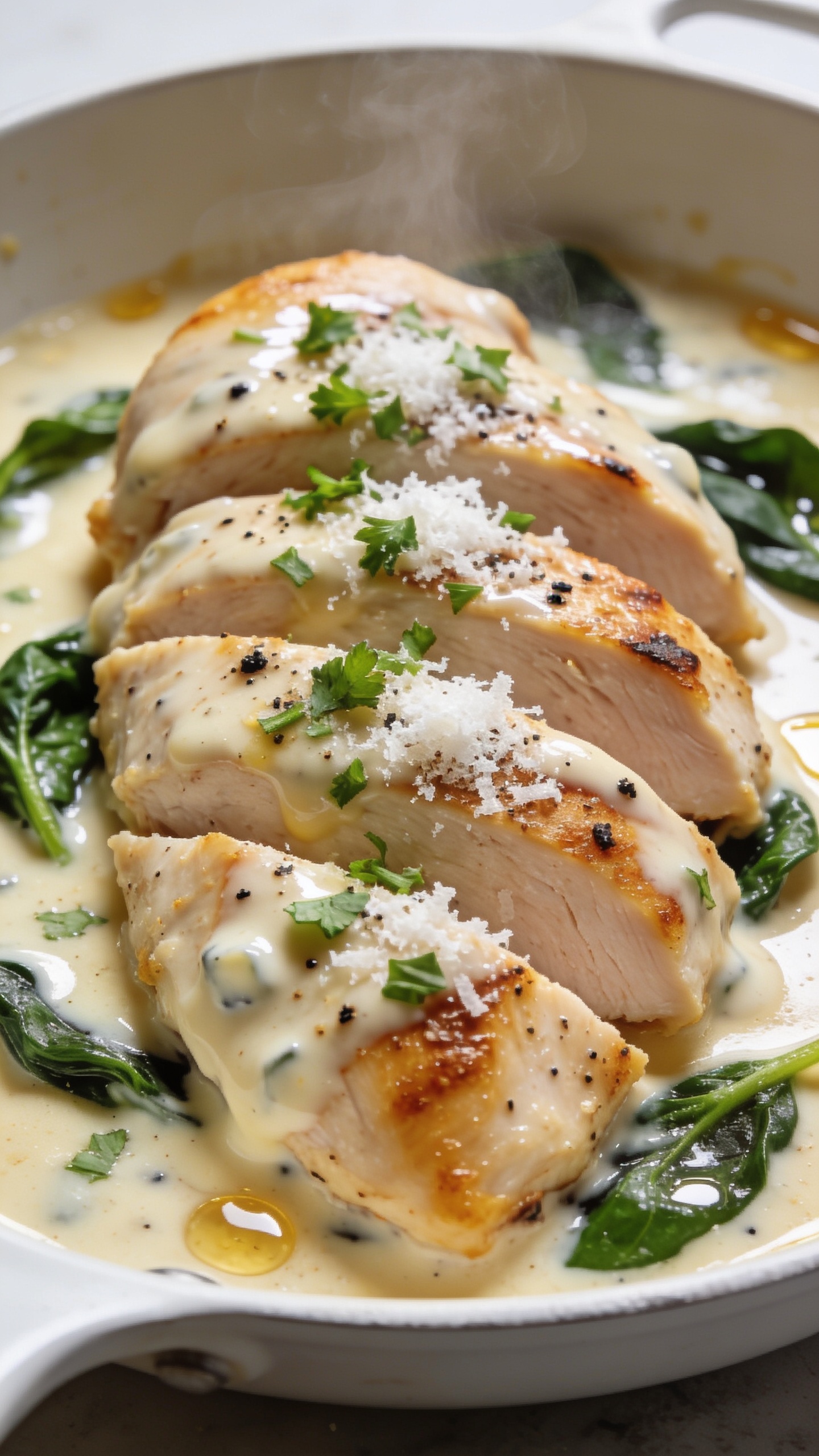 Ultra-close-up hero shot of High Protein Creamy Garlic Parmesan Chicken Breast: thick, juicy seared chicken breasts sliced at a slight angle, napped in a glossy, velvety garlic-Parmesan sauce made with Greek yogurt and broth; specks of freshly cracked black pepper, finely grated Parmesan snow, and vibrant chopped parsley over the top; a few sautéed spinach leaves tucked around the chicken for color; golden fond glistening in the sauce; served in a shallow white skillet to highlight the creamy texture; bright natural side lighting, shallow depth of field, creamy highlights, steam subtly rising, 90–95% of frame filled with the saucy chicken, premium food-blog styling, no text.