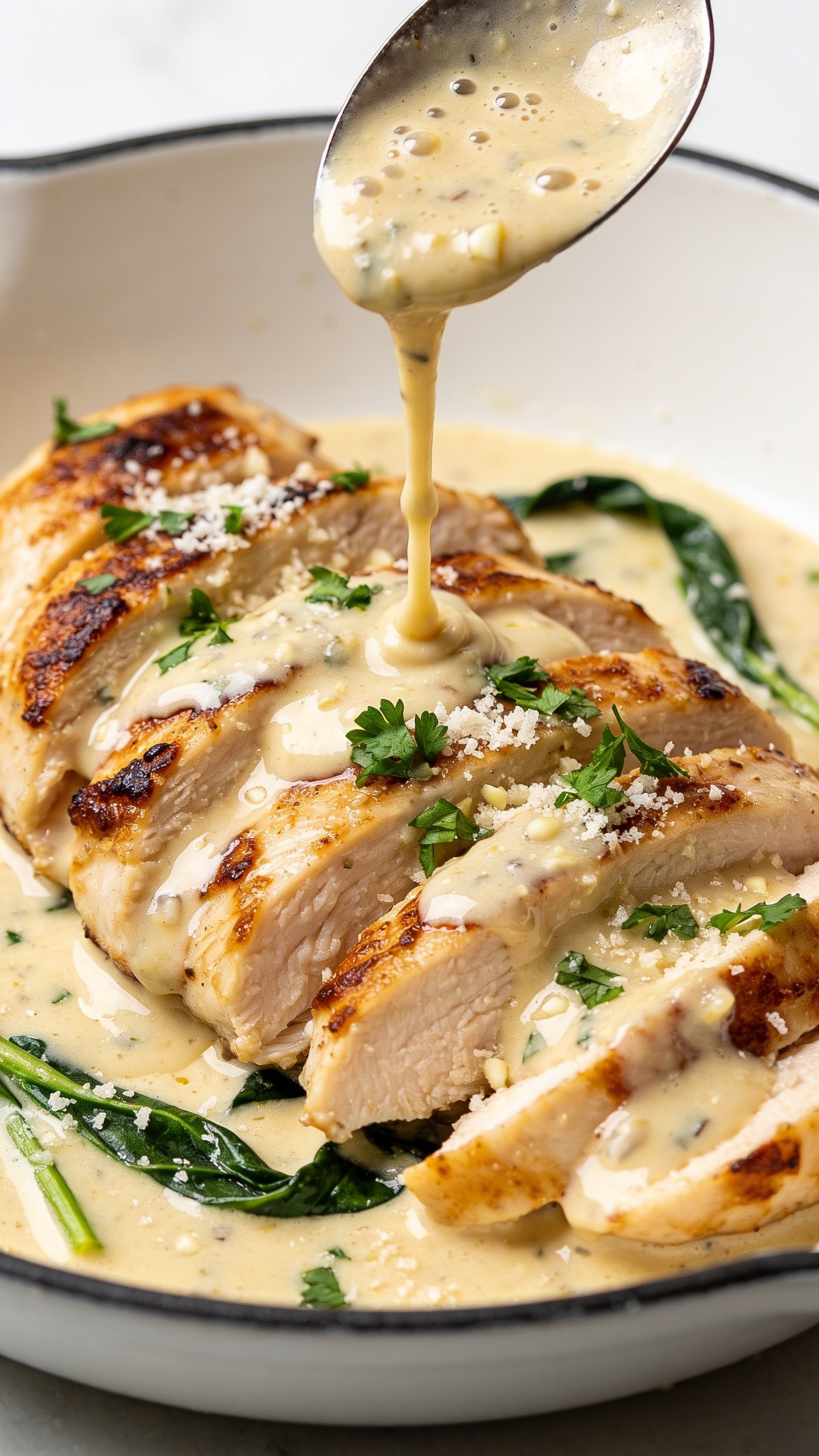 Macro close-up from a lower angle focusing on texture: the same sliced chicken breasts arranged in overlapping layers, edges caramelized and juicy, drenched in thick, silky garlic-Parmesan sauce with visible minced garlic and micro-bubbles; a gentle spoon-drizzle of sauce frozen mid-pour cascading over the top slice; fresh parsley sprinkled across, a dusting of finely grated Parmesan settling on the glossy surface; a few wilted spinach ribbons peeking through; shot in bright natural light with shallow depth of field, 90–95% of frame filled, clean white skillet backdrop, premium editorial styling, no text.