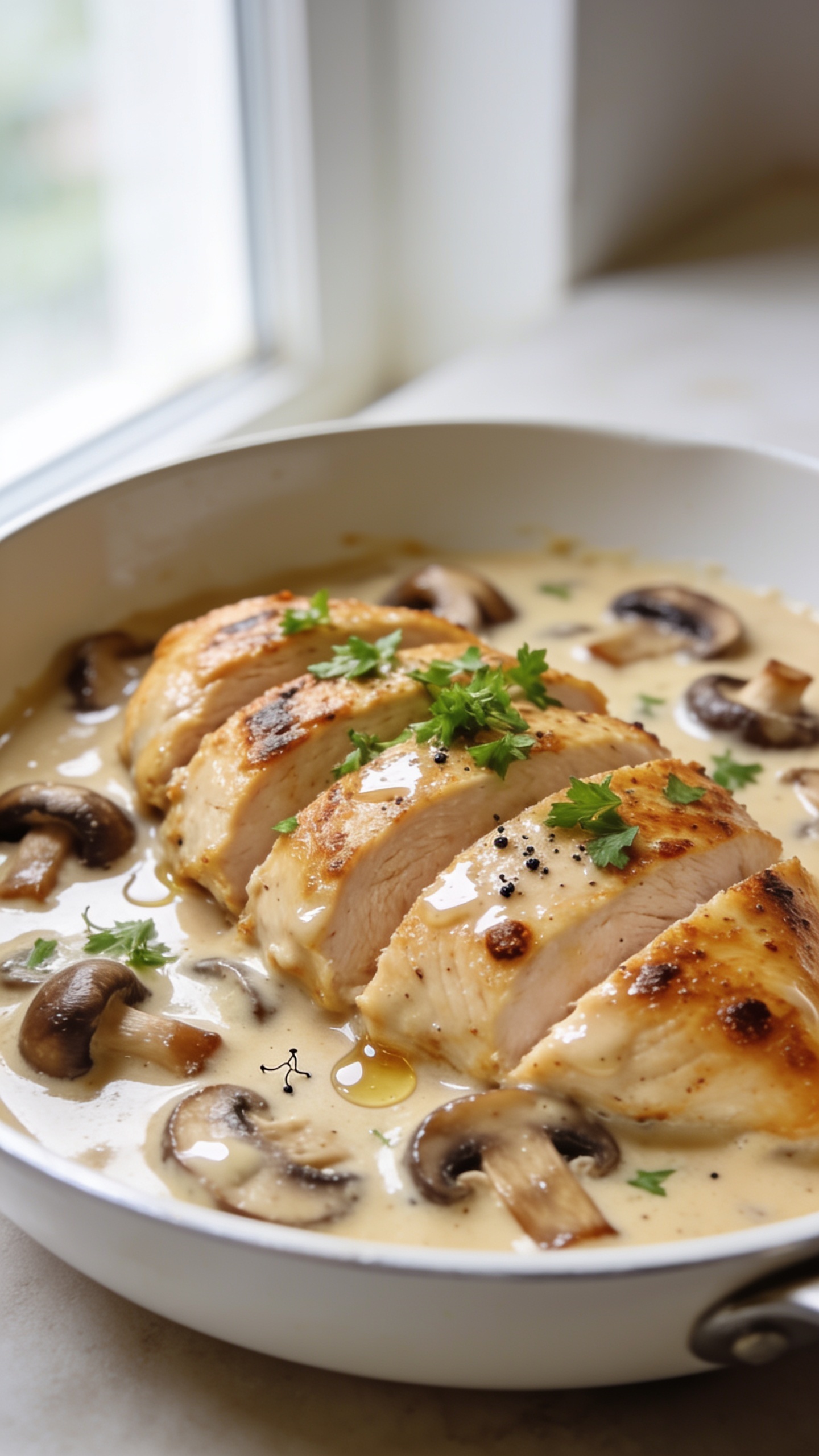 Ultra-close hero shot of high-protein creamy mushroom chicken breast: golden-brown seared chicken breasts sliced on a slight angle and nestled in a glossy, light-tan Greek-yogurt-and-stock cream sauce with sautĂ©ed cremini and shiitake mushrooms; tiny browned fond flecks visible on the chicken, a sheen of sauce clinging to the meat; finely chopped fresh parsley scattered over the top; a few cracks of black pepper and micro droplets of chicken juices mingling with the sauce; served in a shallow white skillet on a light neutral surface; bright natural window light from the side, shallow depth of field, soft background blur, 90â95% of frame filled with the dish, premium food-blog styling.