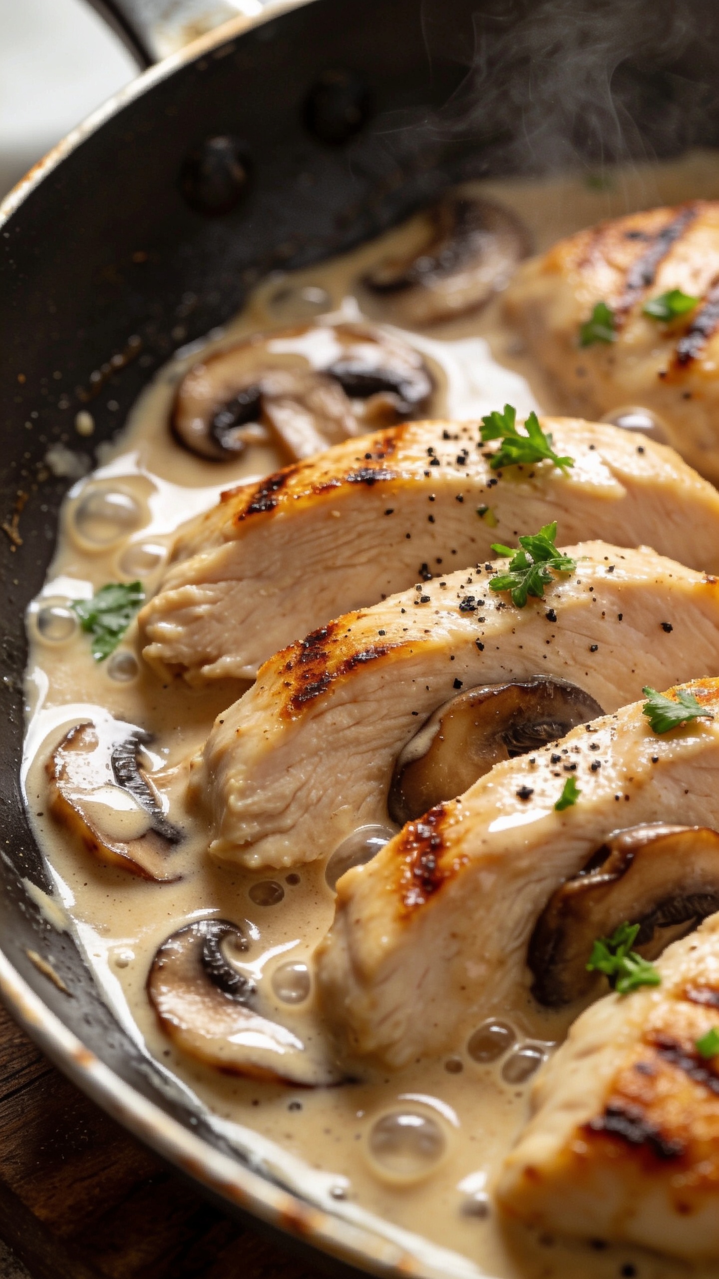 Tight angled macro from skillet edge: focus on overlapping chicken breast slices partially submerged in the creamy mushroom sauce, with caramelized mushroom slices peeking through; visible sear marks and crispy edges on the chicken; tiny bubbles and swirls in the sauce for a just-finished look; a final sprinkle of chopped parsley and a light grind of black pepper on top; subtle steam, rich highlights on the glossy sauce; bright natural side light, shallow depth of field, 90â95% food in frame, cohesive with the hero image.