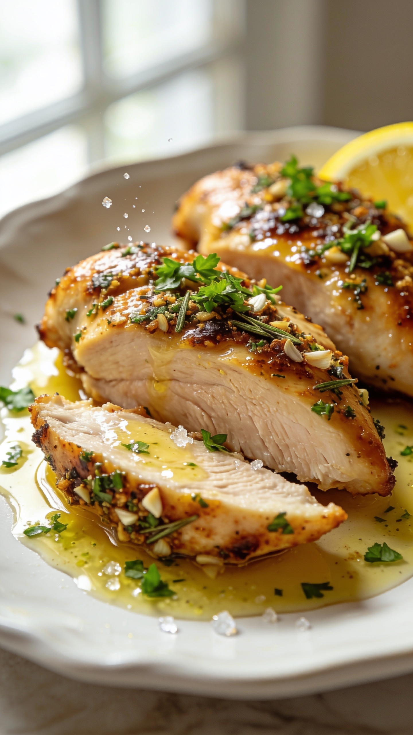 Extreme close-up hero image of High Protein Garlic Herb Crusted Chicken Breast: two juicy, oven-roasted chicken breasts sliced on a white ceramic plate, showing ultra-moist interior with glistening juices and a deeply browned, crunchy garlic-herb crust (parsley, rosemary, thyme, minced garlic) speckled across the surface. A light gloss of lemon-garlic butter pooled around the slices, micro-chopped fresh parsley scattered on top, a thin lemon wedge edge partially visible on the rim, and a few coarse sea salt flakes catching the light. Bright natural window light from the left, shallow depth of field with creamy bokeh, crisp textures in focus at the front slice, vibrant warm tones, no hands, no text, food filling 90–95% of frame.