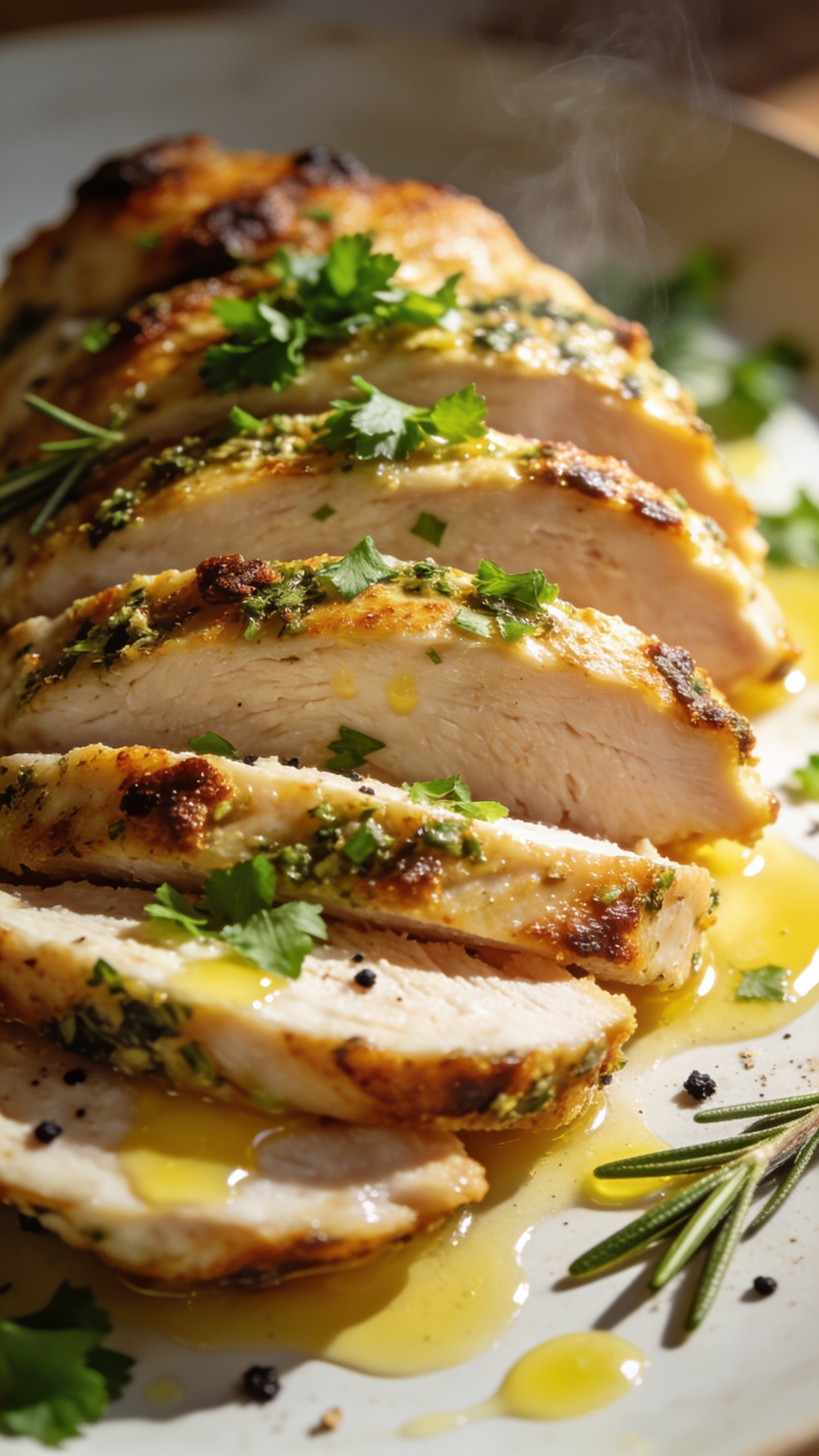 Ultra-close angled detail shot from the side of the same finished dish: a fan of sliced chicken breast stacked slightly overlapping to showcase the moist interior and rugged, crispy herb-garlic crust with browned edges. Small puddles and brush-strokes of lemon-garlic butter glaze around the slices, fresh parsley finely chopped and freshly sprinkled, a few rosemary needles visible, and coarse black pepper specks adding contrast. Subtle steam rising, bright daylight from the right creating appetizing highlights, shallow depth of field with the front slice razor-sharp, rich golden-brown crust, vivid greens, food filling 90–95% of frame, premium food-blog styling, no hands or text.