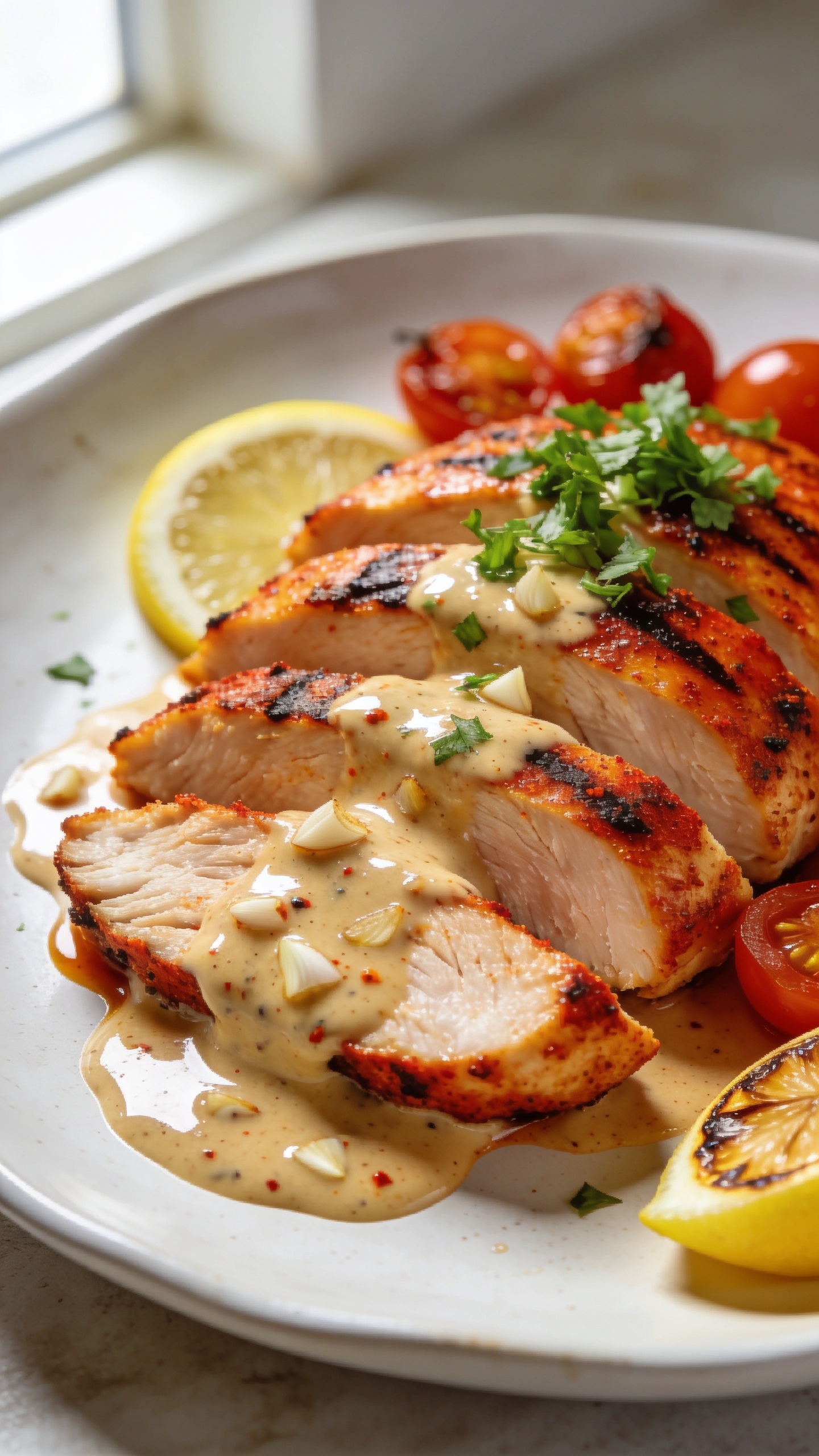 Ultra-close hero shot of high-protein Cajun chicken breasts sliced on a shallow white ceramic plate, glistening with a glossy garlic-Cajun cream sauce pooling around the slices. Charred paprika-red crust with visible sear marks, creamy sauce speckled with Cajun spices and minced garlic, thin lemon slice tucked to the side, and a shower of finely chopped fresh parsley on top. A few roasted cherry tomato halves and a wedge of seared lemon at the edge for color. Bright natural window light from the left, soft shadows, shallow depth of field, creamy bokeh background, premium food-blog styling. Food fills 90â95% of frame, ultra-sharp textures on juicy chicken and velvety sauce, no text, no hands.
