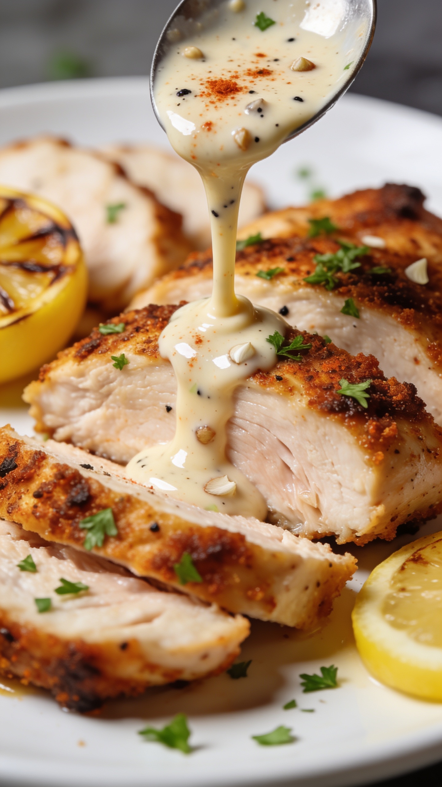 Extreme close-up from a low angle focusing on the cut surface of a juicy sliced chicken breast, showcasing the moist interior and crisp Cajun-spiced crust, with the luscious cream sauce being spooned over the top in a thin, glossy ribbon mid-pour. Sauce is pale ivory with visible specks of paprika, black pepper, and garlic; tiny parsley confetti scattered across. Background blur reveals the same white plate with more sliced chicken and a hint of seared lemon. Bright natural lighting, shallow depth of field, rich textures, food filling 90â95% of frame, premium editorial look, no text, no hands.