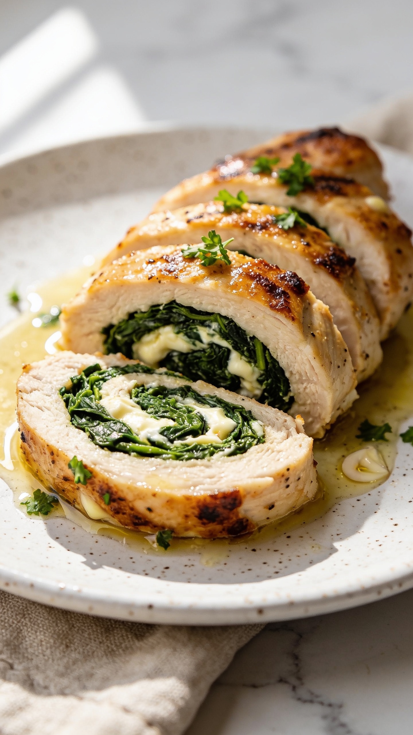 Ultra close-up hero shot of high-protein spinach stuffed chicken breast, sliced on a white speckled ceramic plate to reveal a tight spiral of vibrant green spinach and creamy cheese filling inside perfectly juicy, golden-seared chicken. Glossy garlicky pan juices lightly pooled around the slices, micro-chopped parsley sprinkled sparingly on top. Crispy browned edges, slight char speckles, moist interior glistening. Bright natural window light from the left, soft shadows, shallow depth of field with the front slice in razor focus and the rest gently blurred. Neutral linen and a faint marble surface in the background, food filling 90â95% of frame, premium food-blog styling, no text.