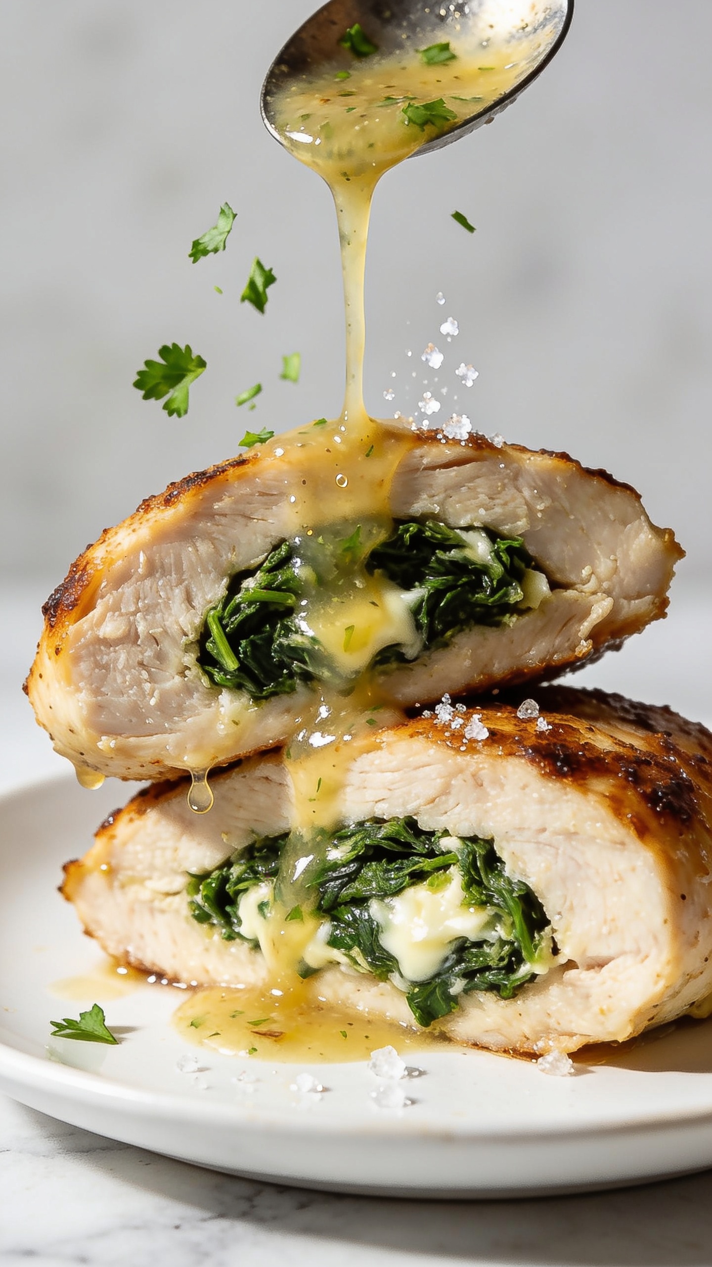 Macro close-up from a lower angle of the same finished spinach stuffed chicken breast, two thick slices overlapping to showcase the moist, tender interior and tightly packed spinach-cheese filling. Glossy garlic-butter pan sauce being gently spooned over the top in mid-pour, a thin ribbon catching the light and beading along the browned crust. Freshly chopped parsley falling mid-air, a few crystals of flaky salt sparkling. Bright natural side light, creamy highlights, ultra shallow depth of field, neutral white plate on light marble, food dominating 90â95% of frame, rich textures and vibrant color contrast, cohesive with the same shoot.