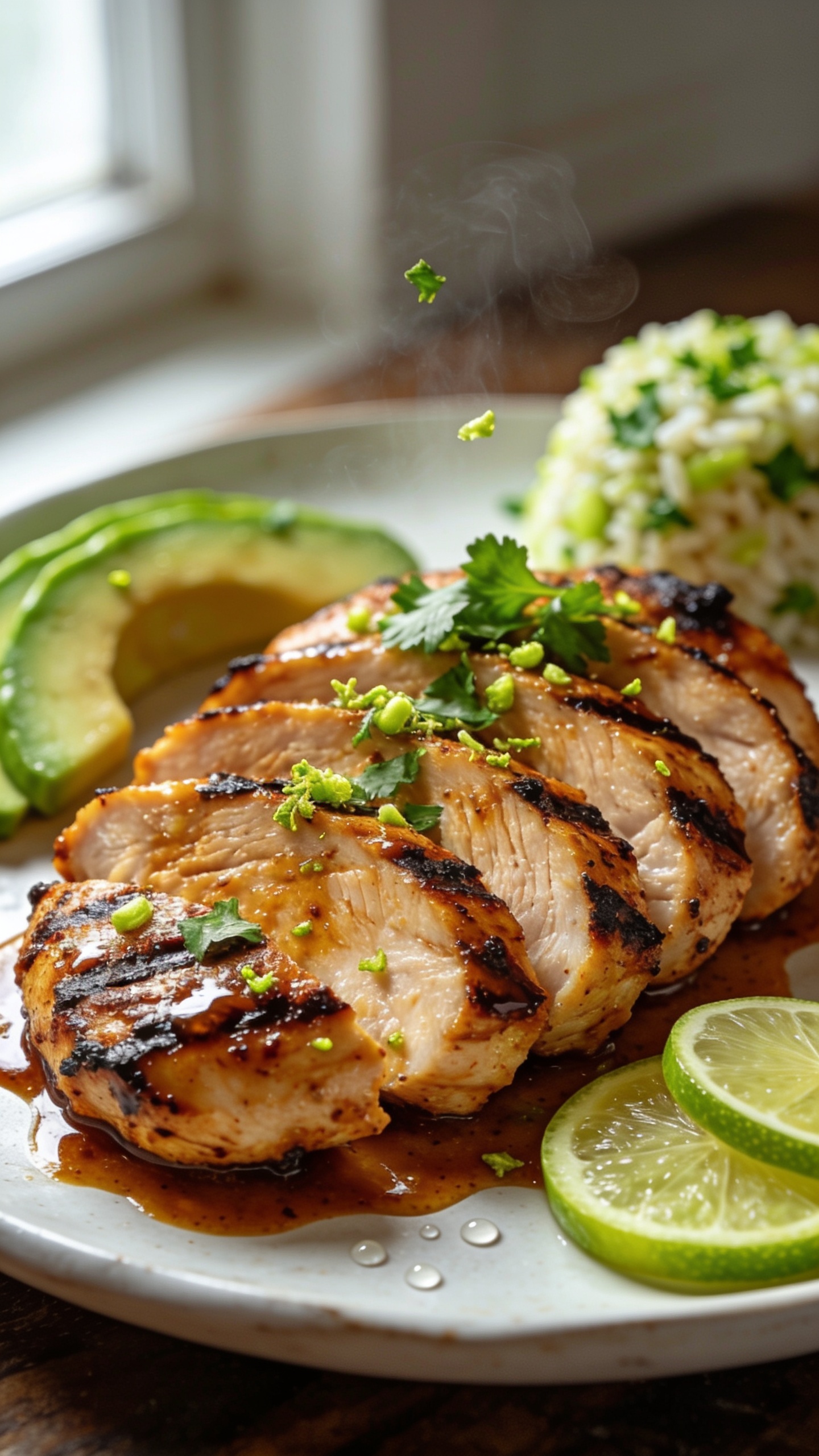 Ultra-close hero shot of chipotle lime chicken breast sliced into thick, juicy medallions, fanned on a matte white plate with a glossy chipotle-lime glaze pooling lightly, charred grill marks, edges slightly crispy, vibrant flecks of fresh cilantro and micro zest of lime scattered on top, a couple of thin lime wheels tucked to the side, tiny beads of moisture and visible steam rising, side accents of avocado slices and a small mound of cilantro-lime rice blurred in the background, bright natural window light from the left, shallow depth of field, rich warm tones and high contrast, premium food-blog styling, food filling 90â95% of the frame.