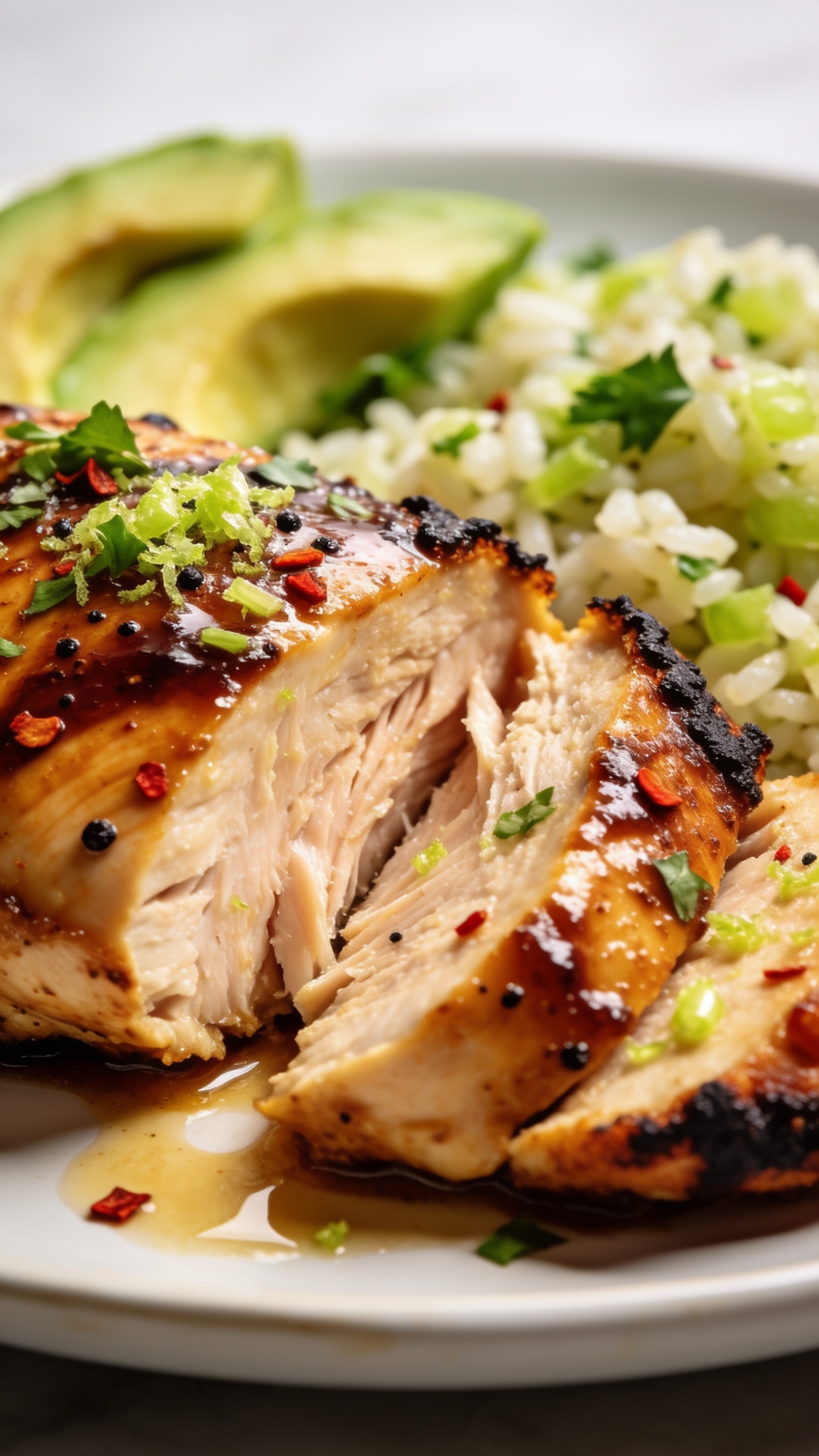 Extreme close-up from a low angle of the same plated chipotle lime chicken breast, focusing on the cut surface to showcase juiciness and fibers, lacquered chipotle glaze catching the light, crispy char along the rim, tiny flecks of black pepper and red chipotle specks visible, micro-grated lime zest and minced cilantro sprinkled over top, a light sheen of resting juices on the plate, soft bokeh of avocado and cilantro-lime rice behind, bright natural lighting, shallow depth of field, food filling 90â95% of the frame, cohesive premium styling matching the other images.