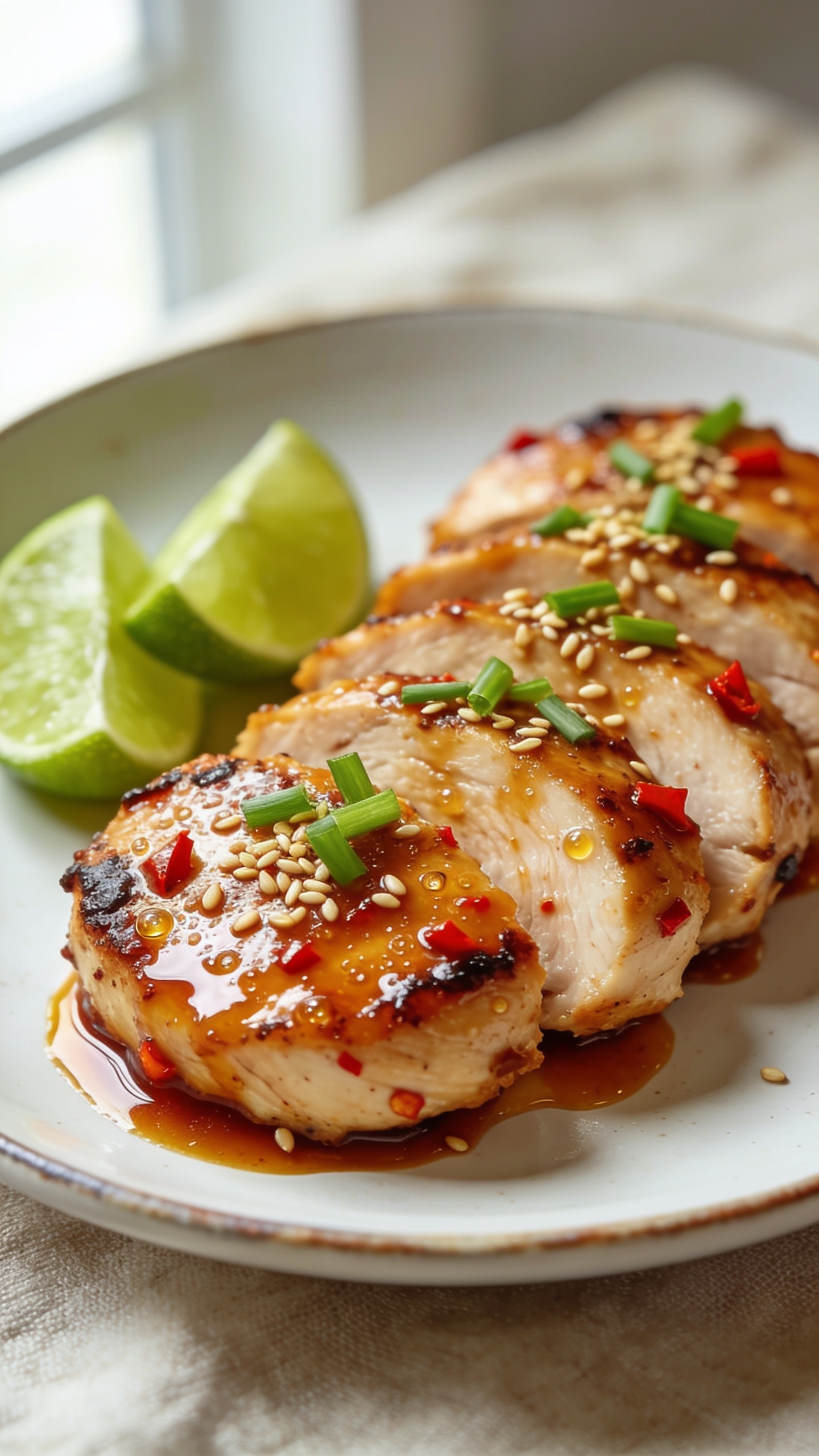 Ultra-close hero shot of high-protein sweet chili chicken breast, sliced on a shallow white ceramic plate with a slight rim, the same finished recipe in every image: juicy seared chicken breast cut into thick medallions, lacquered in glossy sweet chili glaze with visible red chili flecks, microbubbles of caramelization on the edges, sprinkled with toasted sesame seeds and finely sliced green onions, with a few lime wedges tucked to the side and a small halo of extra glaze pooling on the plate; bright natural window light from the left, shallow depth of field, creamy bokeh, neutral linen beneath the plate, food filling 90â95% of frame, vibrant warm tones, premium food-blog styling, no text on image.