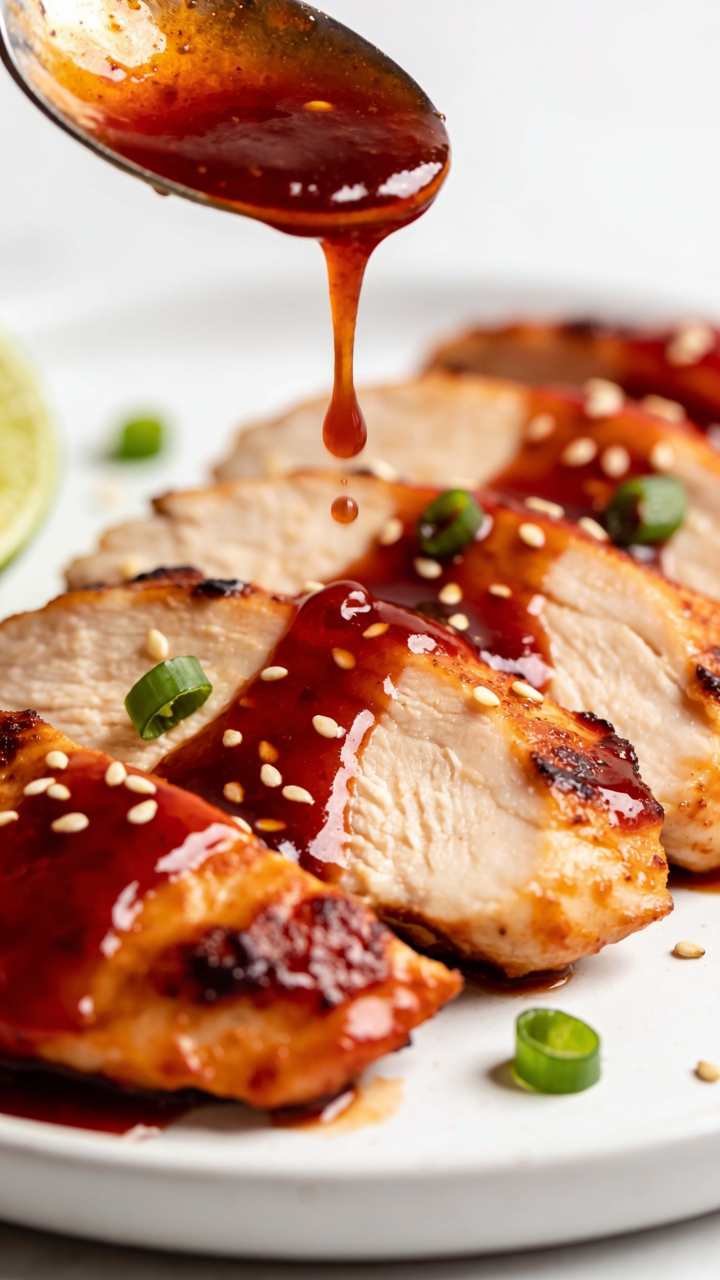 Extreme close-up at a 45-degree angle of the same finished sweet chili chicken breast, arranged in overlapping slices on the same white ceramic plate, emphasizing juicy interior and caramelized edges; thick, glossy sweet chili sauce freshly spooned over the top, forming shiny rivulets between slices, with a few sesame seeds and green onion rounds scattered; a squeeze of lime just finished off-camera leaving tiny glistening droplets; bright natural side light, shallow depth of field, tight crop with food filling 90â95% of frame, neutral backdrop, rich saturated reds and ambers in the glaze, no text on image.