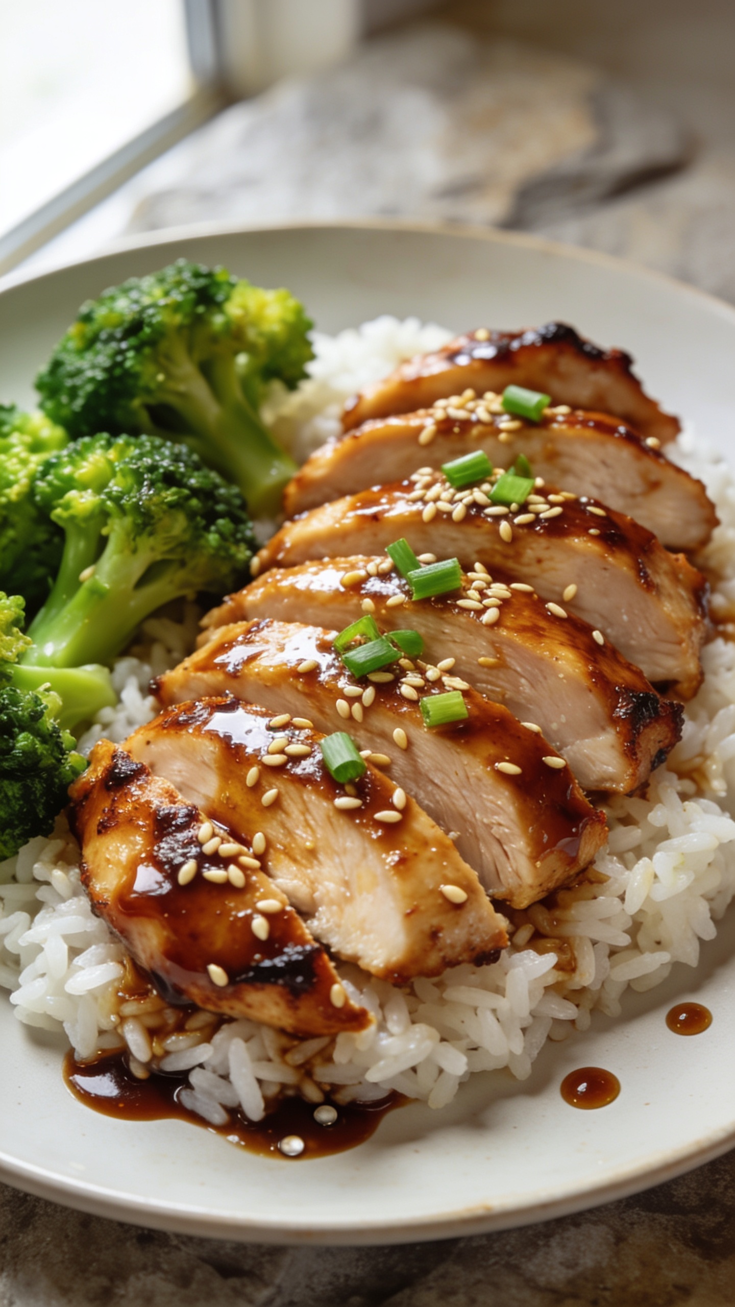Ultra-close hero shot of High Protein Teriyaki Chicken Breast sliced into thick, juicy pieces, fanned over fluffy white rice with bright-steamed broccoli on the side; chicken glistening in a glossy, garlicky teriyaki glaze with a light sesame sheen, sprinkled with toasted sesame seeds and finely sliced green onions; rich caramelized edges on the chicken, micro-beads of sauce pooling on the plate, a few droplets on the rice; bright natural window light from the left, shallow depth of field, background softly blurred neutral stone; 90â95% frame filled with food, premium food-blog styling, vibrant warm browns, emerald greens, and pearly rice, no text, no hands.