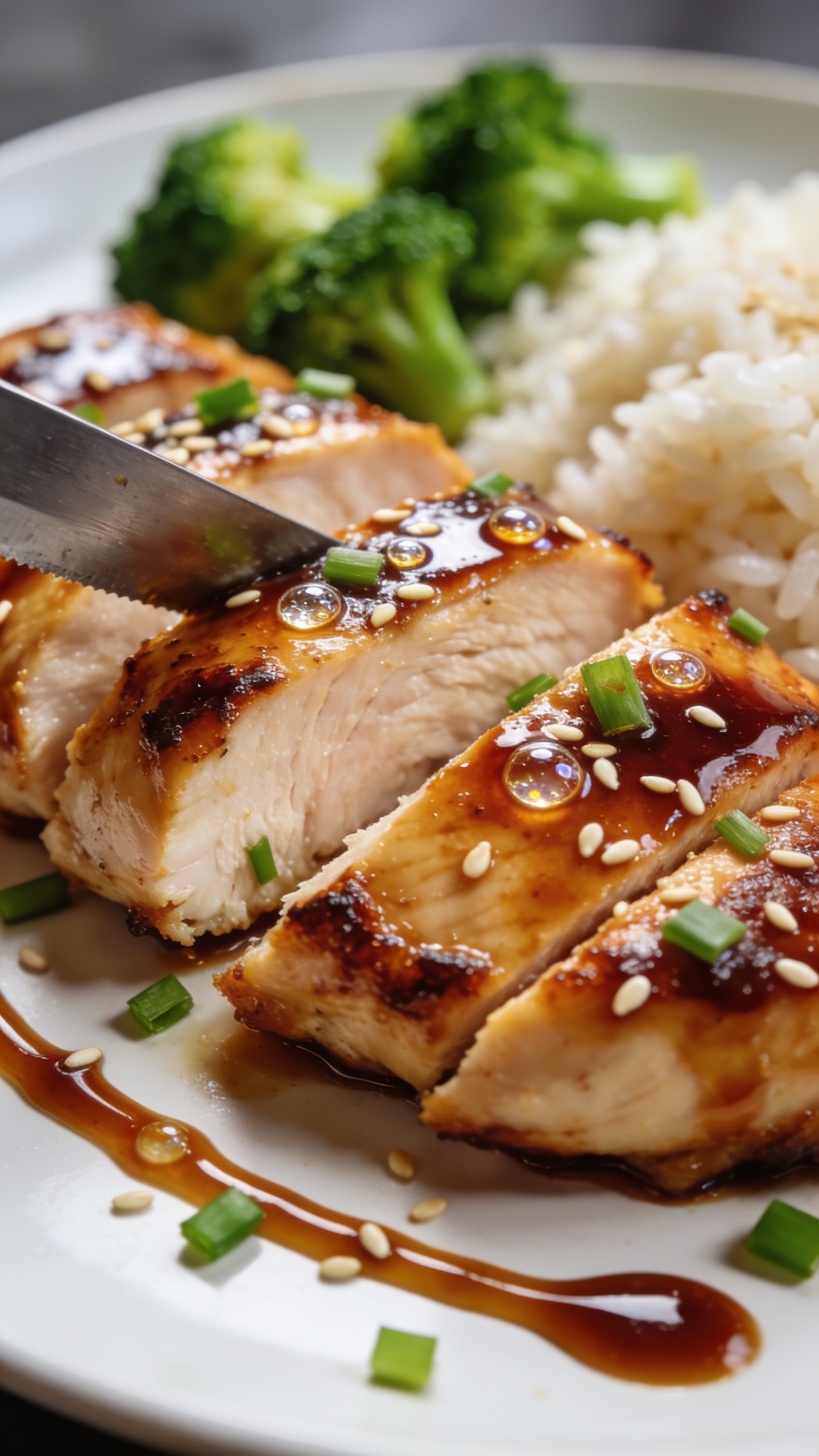 Tight angle macro of the same finished dish from a lower 3/4 perspective: knife-cut faces of the chicken breast showing moist, tender interior with lacquered, caramelized edges; teriyaki glaze brushed across the tops with tiny bubbles and reflections, sesame seeds and green onions scattered naturally; a glossy drizzle line on the plate leading toward fluffy rice and vivid broccoli florets in soft blur; bright natural light, shallow depth of field, 90â95% frame filled with food, cohesive styling to match images 1 and 2, no text, no people.