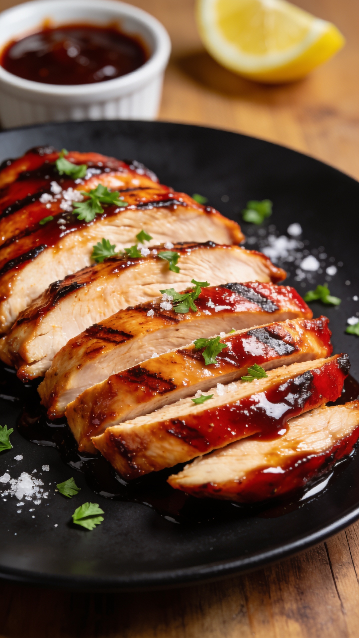 Extreme close-up hero shot of glossy BBQ chicken breasts sliced and fanned on a matte black plate, each slice ultra-juicy with visible moisture and faint grill marks, brushed with a deep mahogany, slightly sticky barbecue glaze that pools lightly around the edges. Sprinkle of finely chopped fresh parsley and a few coarse sea salt crystals catching the light. A small ramekin of extra BBQ sauce blurred in the background with a lemon wedge just out of focus. Bright natural side light, shallow depth of field, premium food-blog styling, warm wood surface, 90â95% of frame filled with the chicken, rich reds and caramelized edges emphasized.