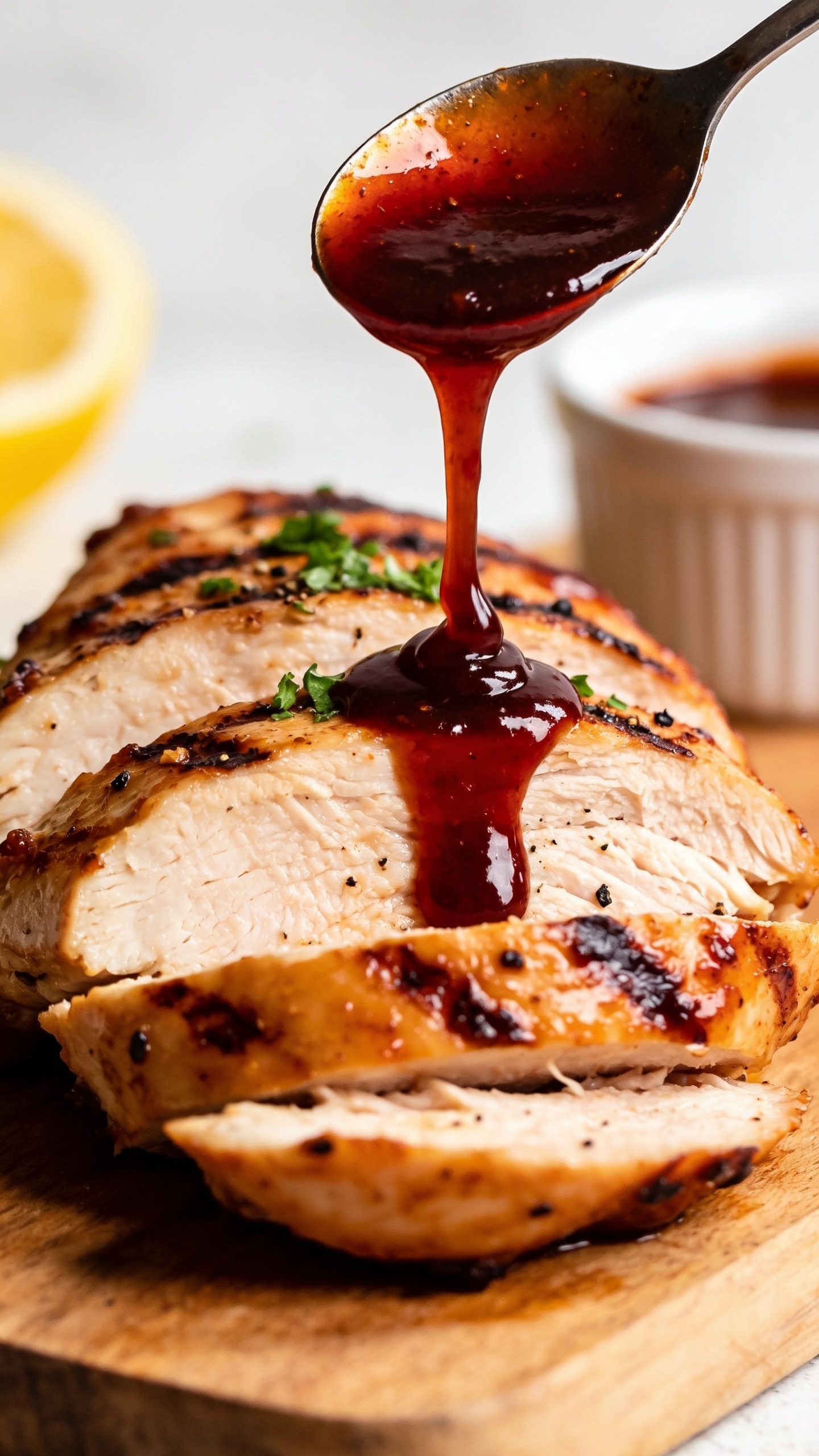 Macro close-up from a low angle of the same BBQ chicken breast, sliced and stacked slightly overlapping to showcase interior juiciness and fibers, with a spoon mid-pour drizzling a glossy lacquer of thick, dark-red BBQ sauce across the top slice, forming slow, glassy rivulets that cling and bead. Light sprinkle of chopped parsley and a few black pepper flecks on the glaze, caramelized grill marks peeking through. Bright natural lighting, shallow depth of field, warm wooden board beneath, background softly blurred with a hint of lemon and sauce ramekin, 90â95% of frame dominated by the chicken and sauce.
