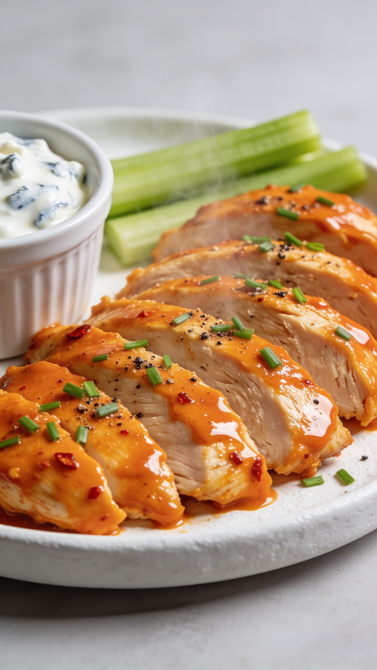 Extreme close-up hero shot of sliced, juicy Buffalo chicken breast fanned on a matte white plate, coated in a glossy bright-orange Buffalo sauce with visible sheen and tiny chili flecks; garnished with finely chopped fresh chives and a light dusting of cracked black pepper. A small ramekin of creamy blue cheese yogurt dip partially in frame, with a few crisp celery sticks tucked to the side for color contrast. Shot in bright natural side light on a neutral light-gray background, shallow depth of field, sauce glistening, steam subtly rising, premium food-blog styling, 90â95% of frame filled with the chicken.