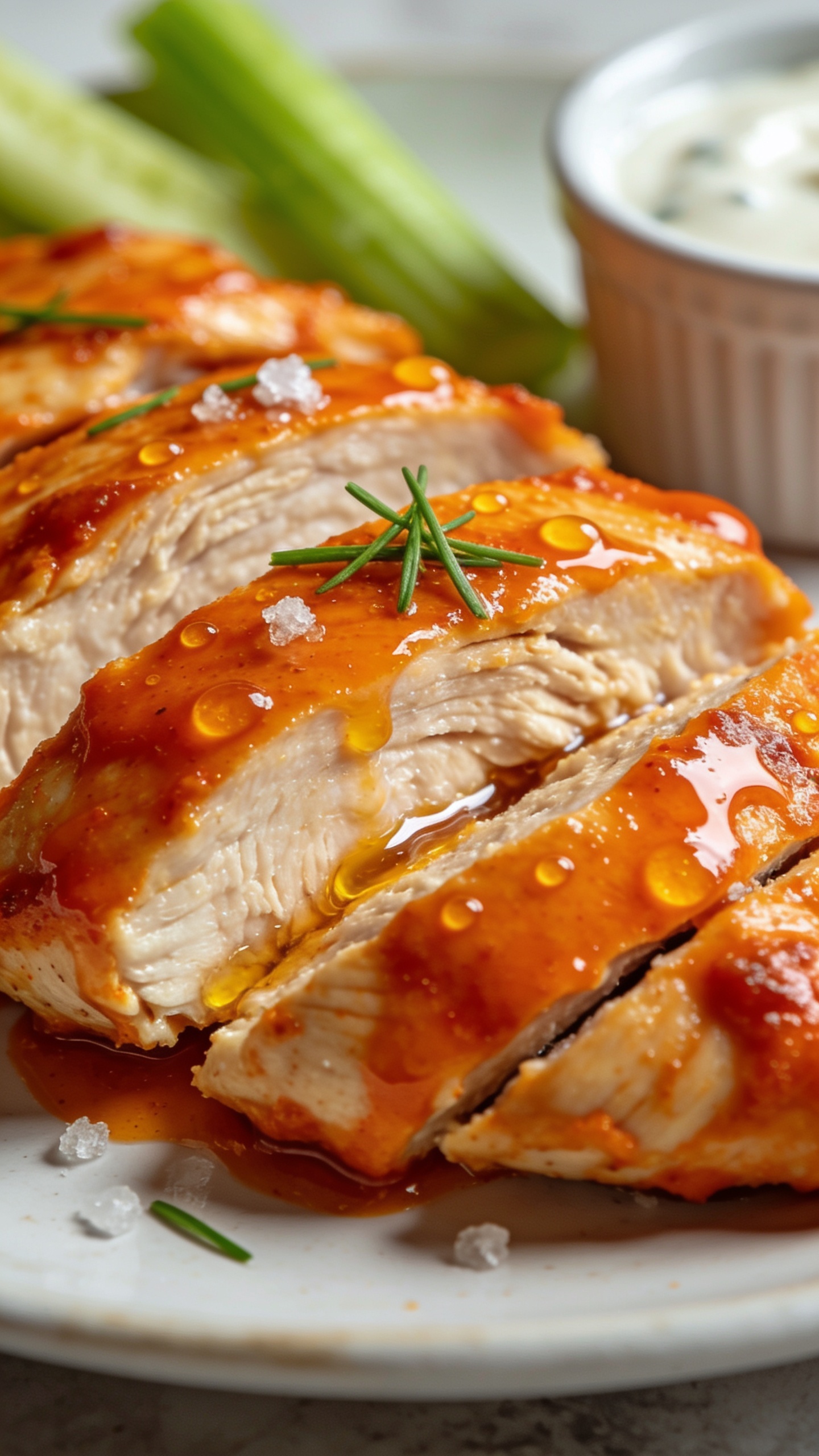Macro close-up from a lower three-quarter angle of the same Buffalo chicken breast, showing cross-sections of the moist, perfectly cooked interior with clear juices and glossy sauce pooling in the slice seams. Vivid orange sauce brushed thickly over the surface with micro-beads of oil sheen; a delicate sprinkle of fresh chives and a few coarse salt crystals visible. Blurred hints of celery and the dip ramekin in the background, same plate and setup for continuity. Bright natural light, shallow depth of field, rich textures emphasized, 90â95% of the frame filled with the chicken.