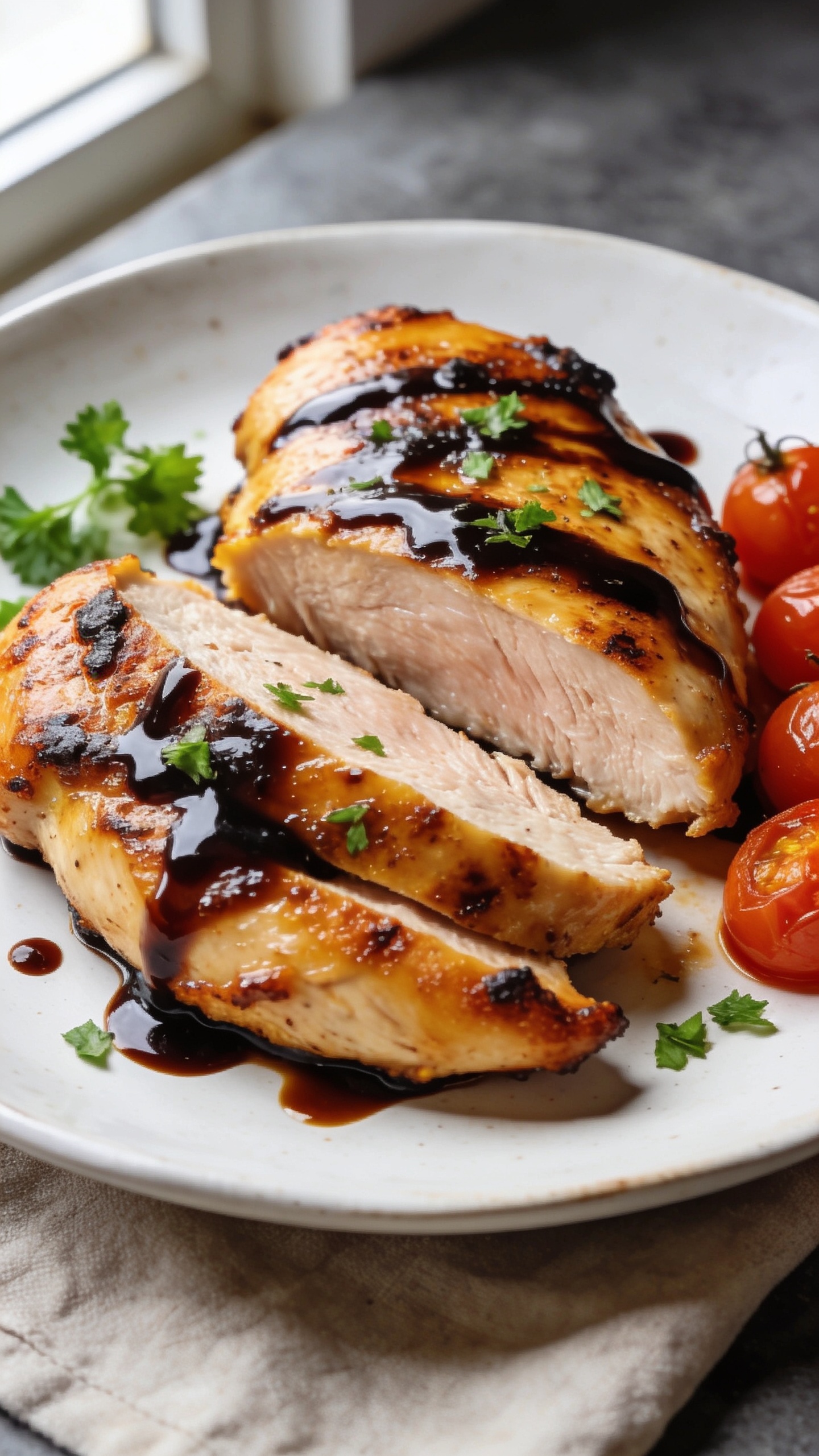 Ultra-close hero shot of high protein balsamic chicken breast: two juicy seared chicken breasts sliced on a white ceramic plate, thick glossy balsamic glaze clinging to the golden-brown crust with caramelized edges, tiny pools of sauce on the plate, garnished with finely chopped fresh parsley and a few tender roasted cherry tomatoes on the side. Bright natural window light from the left, shallow depth of field focusing on the glistening sliced center showing moist, perfectly cooked meat. Neutral linen beneath, subtle slate backdrop, rich contrast and vibrant color, premium food-blog styling, food filling 90â95% of the frame.