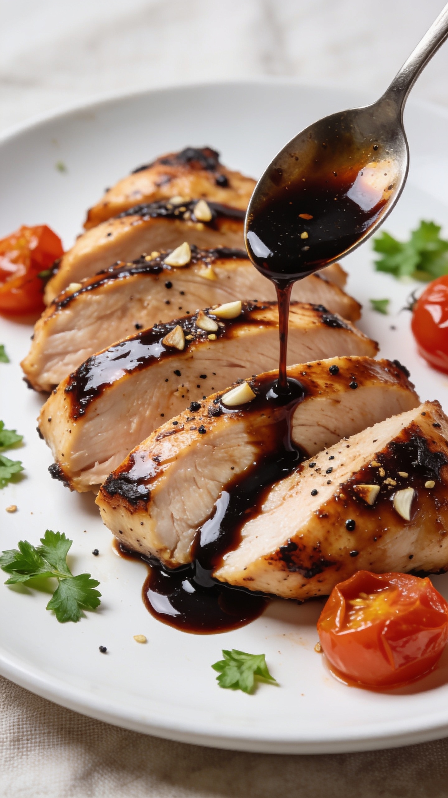 Tight macro from a low angle: balsamic chicken breast sliced and fanned, each piece lacquered with a dark, shiny glaze and speckled with minced garlic and flecks of black pepper, edges slightly charred, interior visibly juicy. A small spoonâs recent drizzle forms a glossy trail on the plate; scattered fresh parsley and a couple of burst roasted cherry tomatoes add color. Bright natural light, shallow depth of field emphasizing texture and moisture, clean white plate on neutral linen, consistent styling with the hero image, food filling 90â95% of the frame.