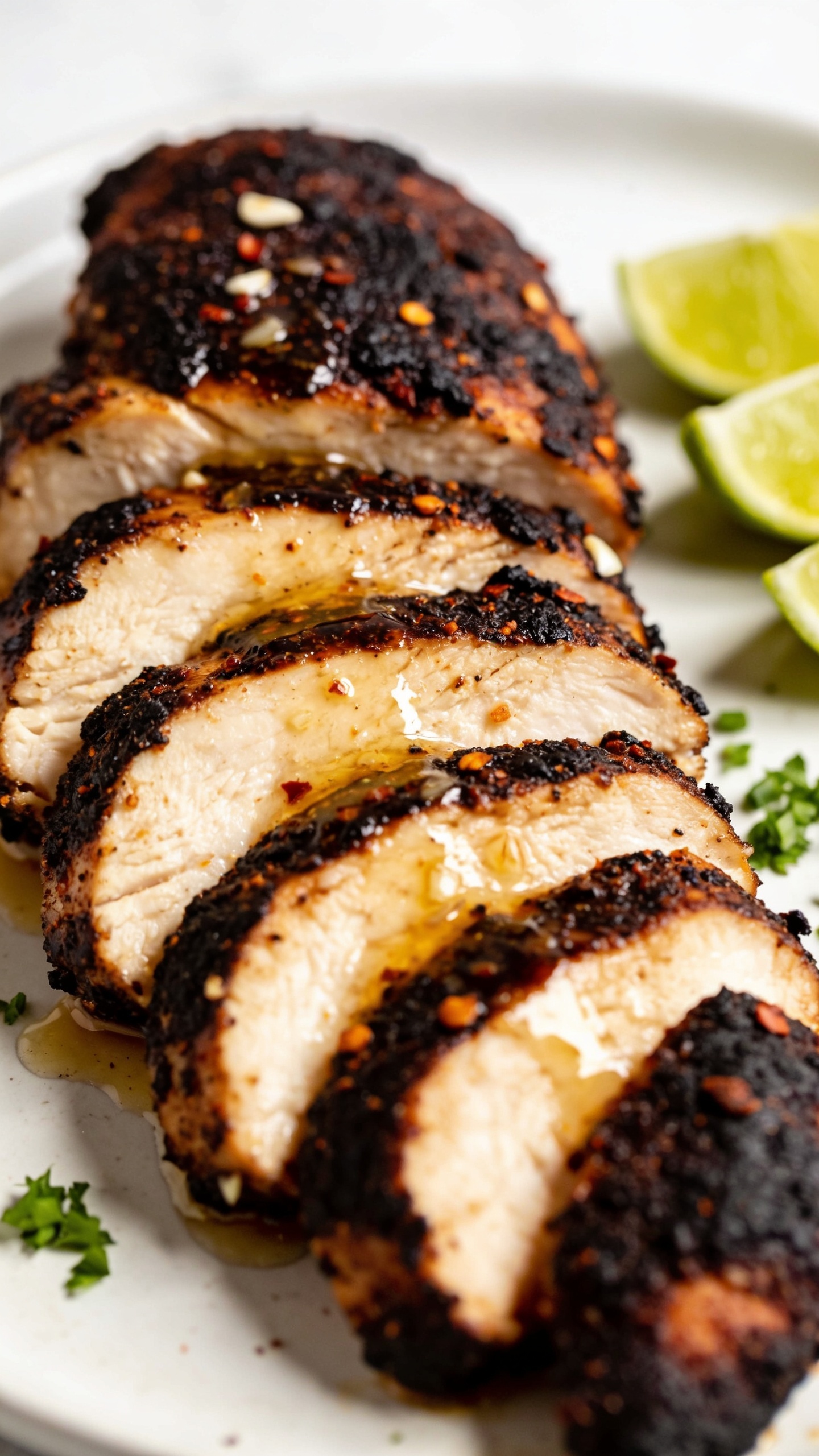 Ultra-close hero shot of blackened chicken breast sliced into thick, juicy medallions, fanned across a white ceramic plate with minimal garnish. Deep mahogany-blackened crust with visible spice flecks (paprika, garlic, cayenne) and glistening juices pooling lightly on the plate, revealing a moist, perfectly cooked, pale interior. A thin brush of glossy garlic-butter sheen on the surface, a few bright lime wedges and a sprinkle of finely chopped fresh parsley on the side for color (not covering the chicken). Bright natural side lighting, shallow depth of field, creamy bokeh, premium food-blog styling, 90â95% frame filled with the chicken, no text, no hands.