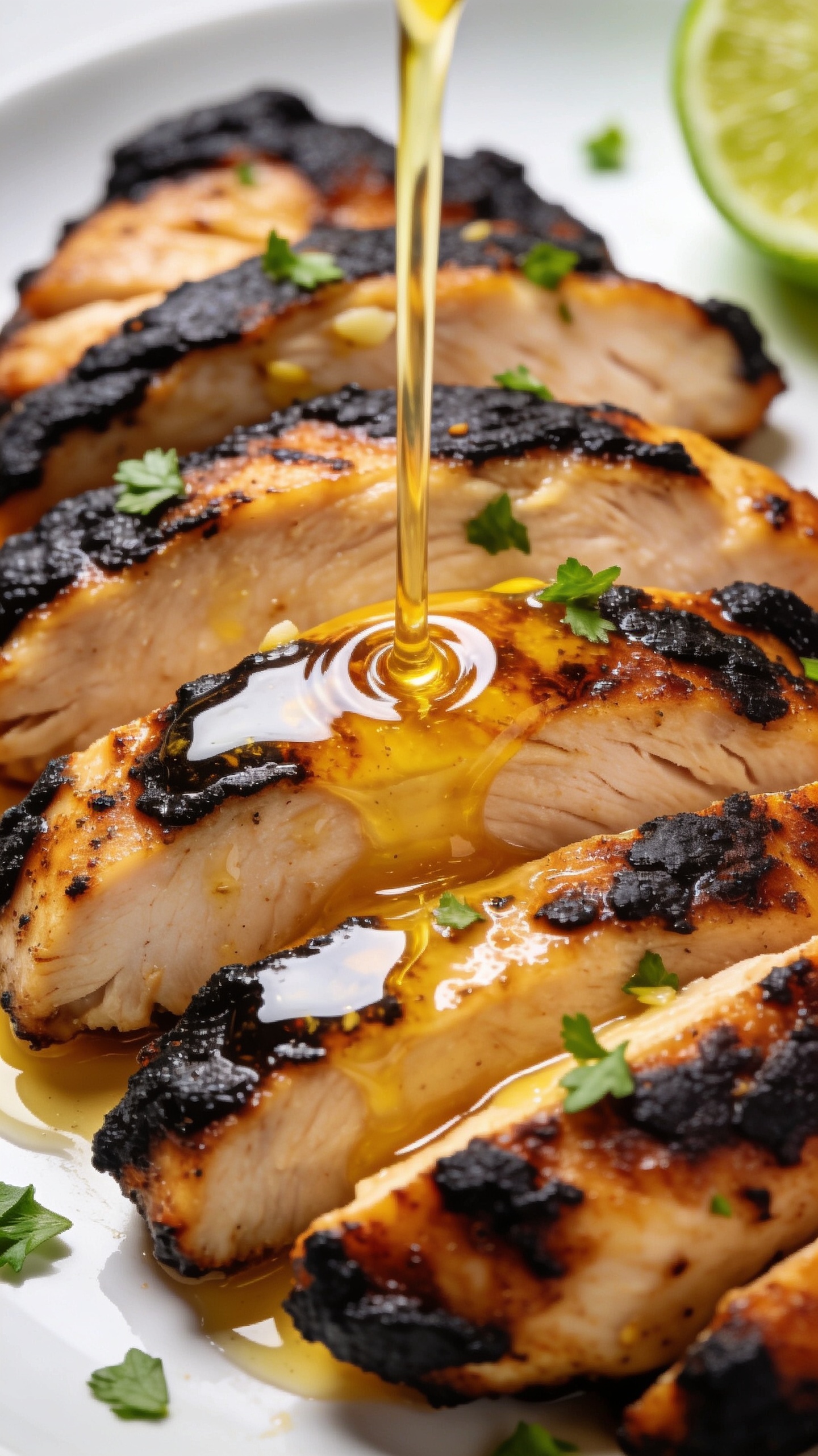 Tight macro angle from slightly overhead of the same plated blackened chicken breast slices, showcasing crispy, smoky edges and a lacquered, buttery sheen. A slow drizzle of warm garlic-lemon butter captured mid-pour in a thin golden stream landing on the top slice, creating glossy highlights and tiny ripples. Specks of fresh parsley scattered lightly, lime wedge softly blurred in the corner for brightness. Bright natural lighting, shallow depth of field, 90â95% frame filled with food, rich textures and vivid color contrast, consistent look with the hero image.