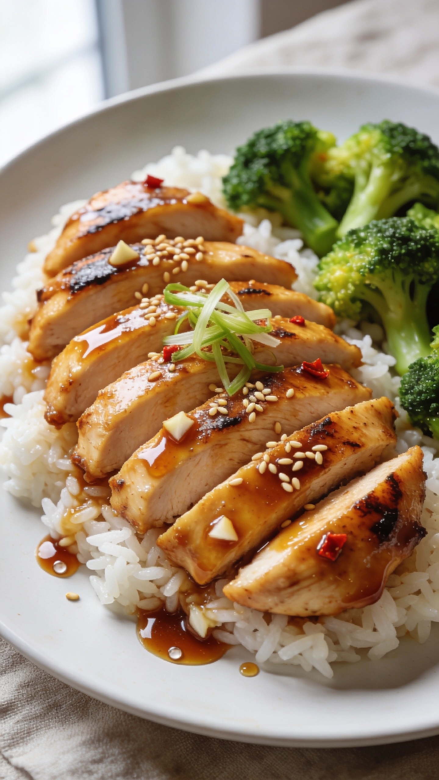 Ultra-close hero shot of high protein honey garlic chicken breast sliced and fanned over fluffy white jasmine rice with bright-steamed broccoli florets on the side, each slice coated in a thick glossy honey-garlic-soy glaze with visible minced garlic and a few red chili flakes, micro-beads of sauce pooling on the plate and clinging to the chickenâs caramelized sear marks, a light scatter of toasted sesame seeds and thinly sliced scallions on top, vibrant golden-brown chicken contrasting with emerald broccoli and pearly rice, bright natural window light from the left, shallow depth of field with bokeh in the background, 90â95% frame filled with food, premium food-blog styling on a matte white plate over a neutral linen.